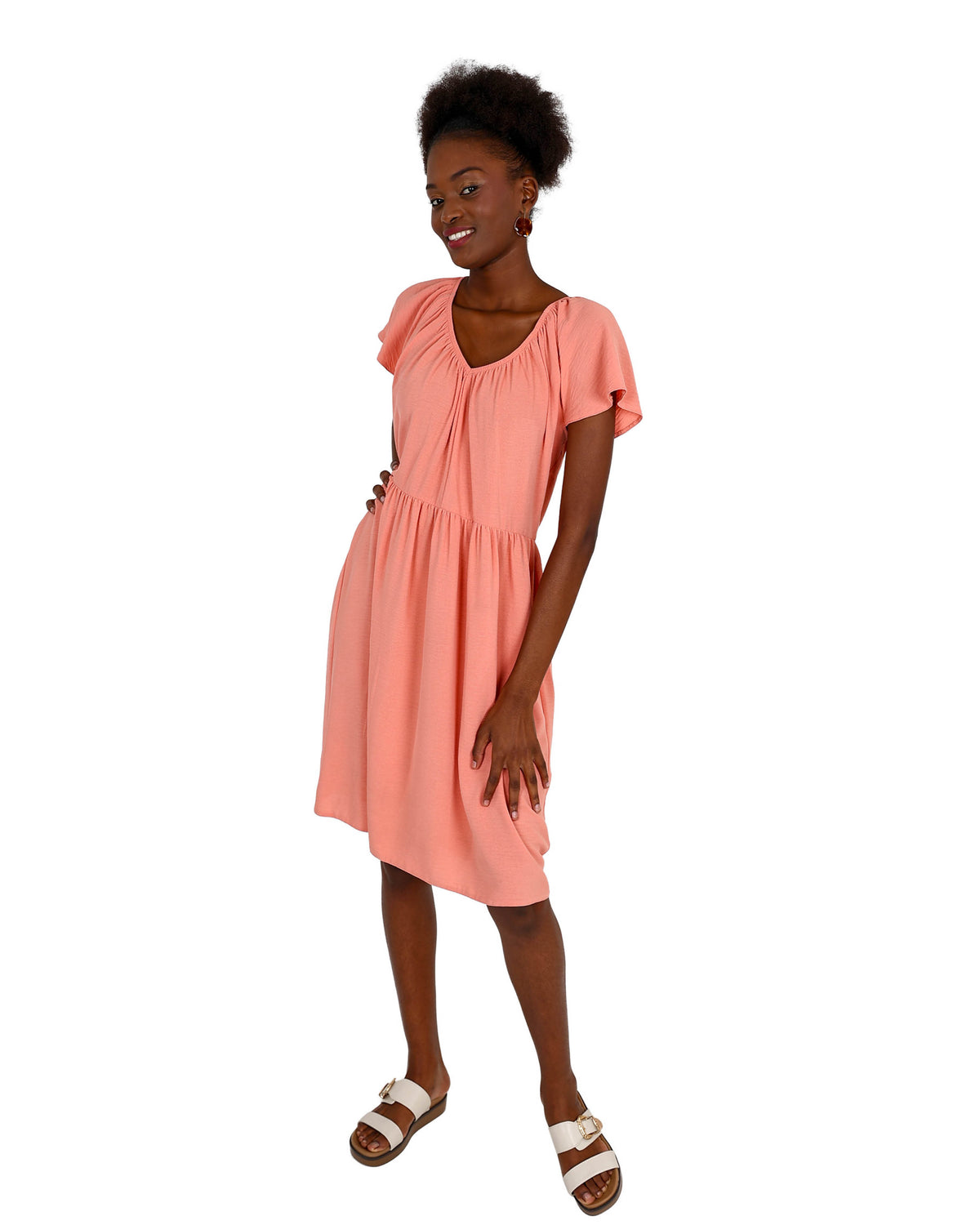 Coral Flutter Sleeve Knee Length Dress