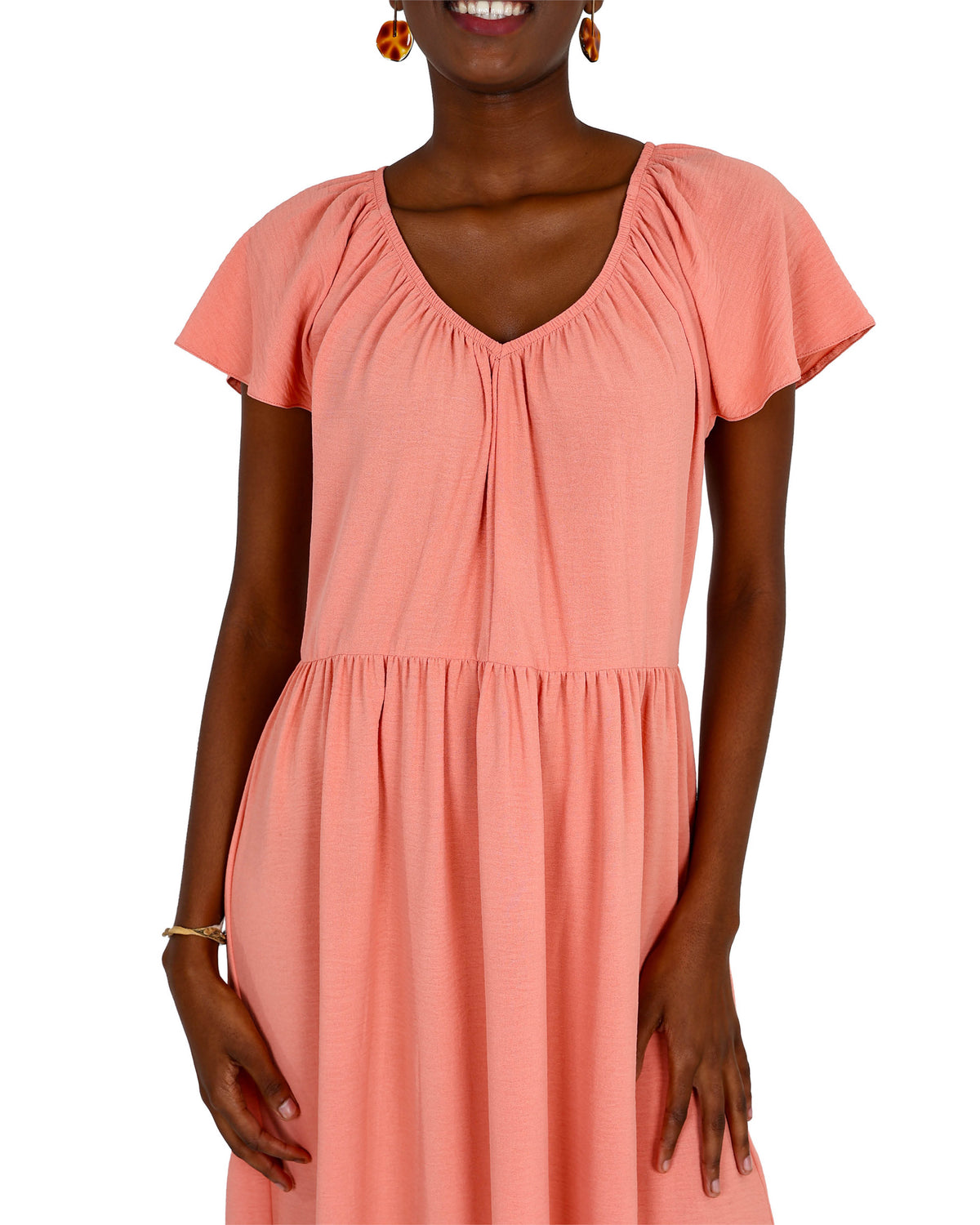 Coral Flutter Sleeve Knee Length Dress