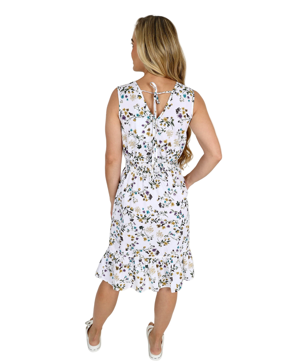 Sleeveless Cream Floral Print Smocked Waist Dress