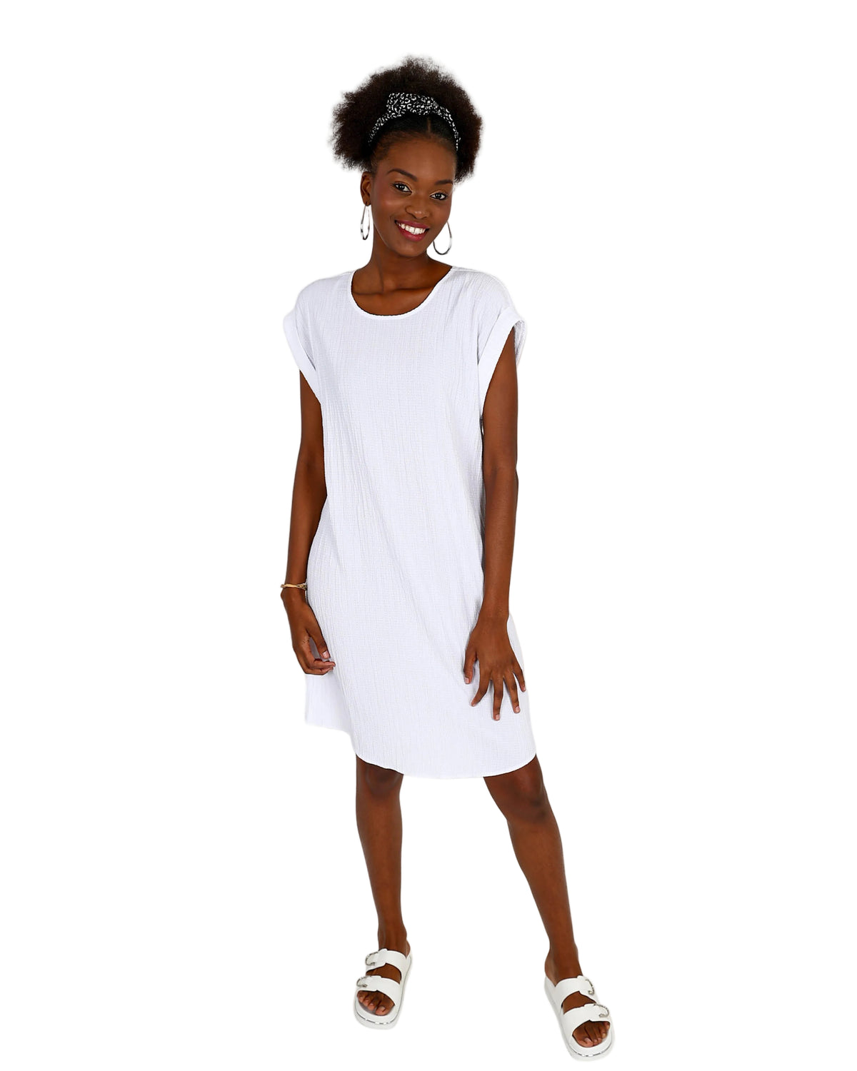 White Short Sleeve Crinkle Shift Dress