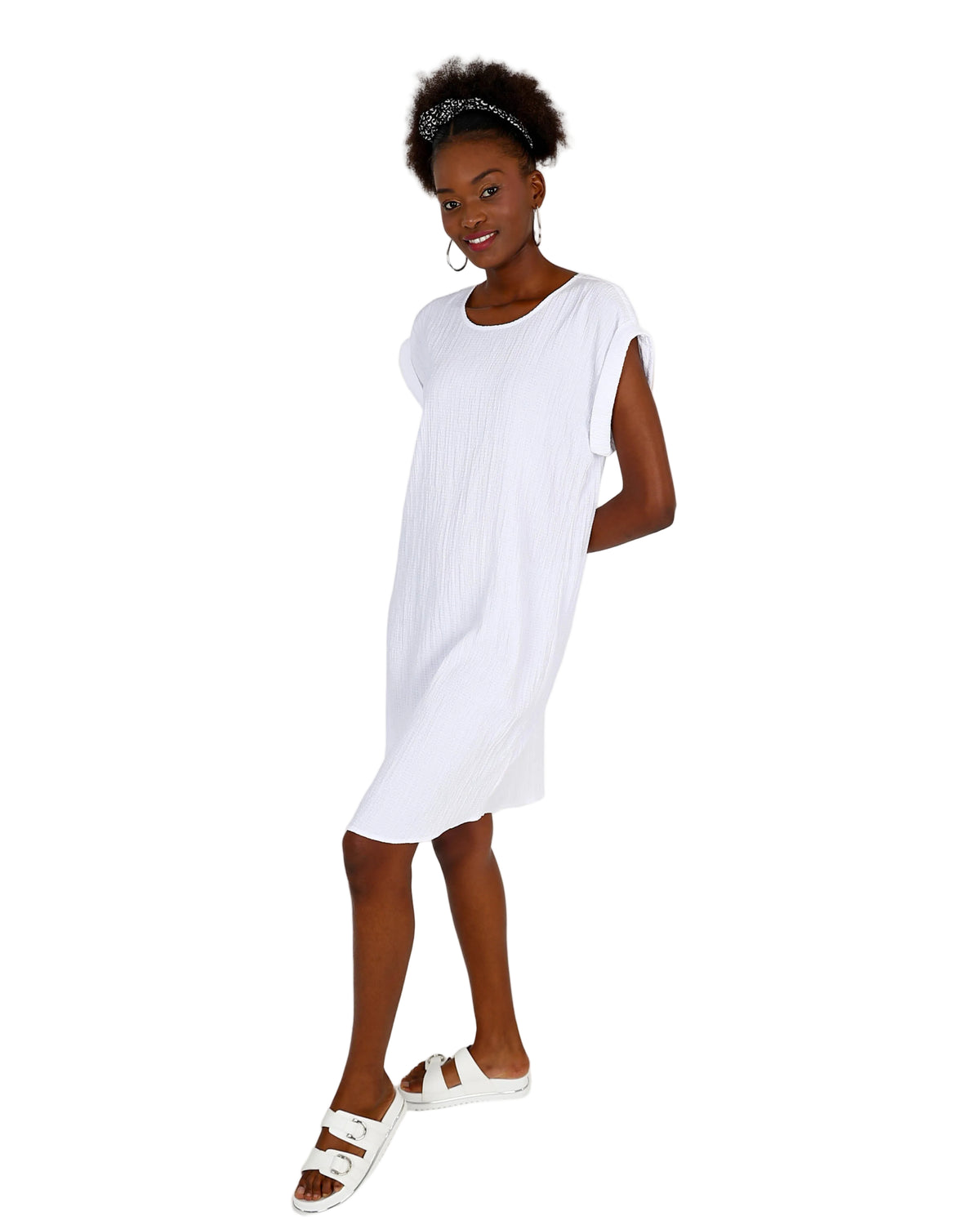 White Short Sleeve Crinkle Shift Dress