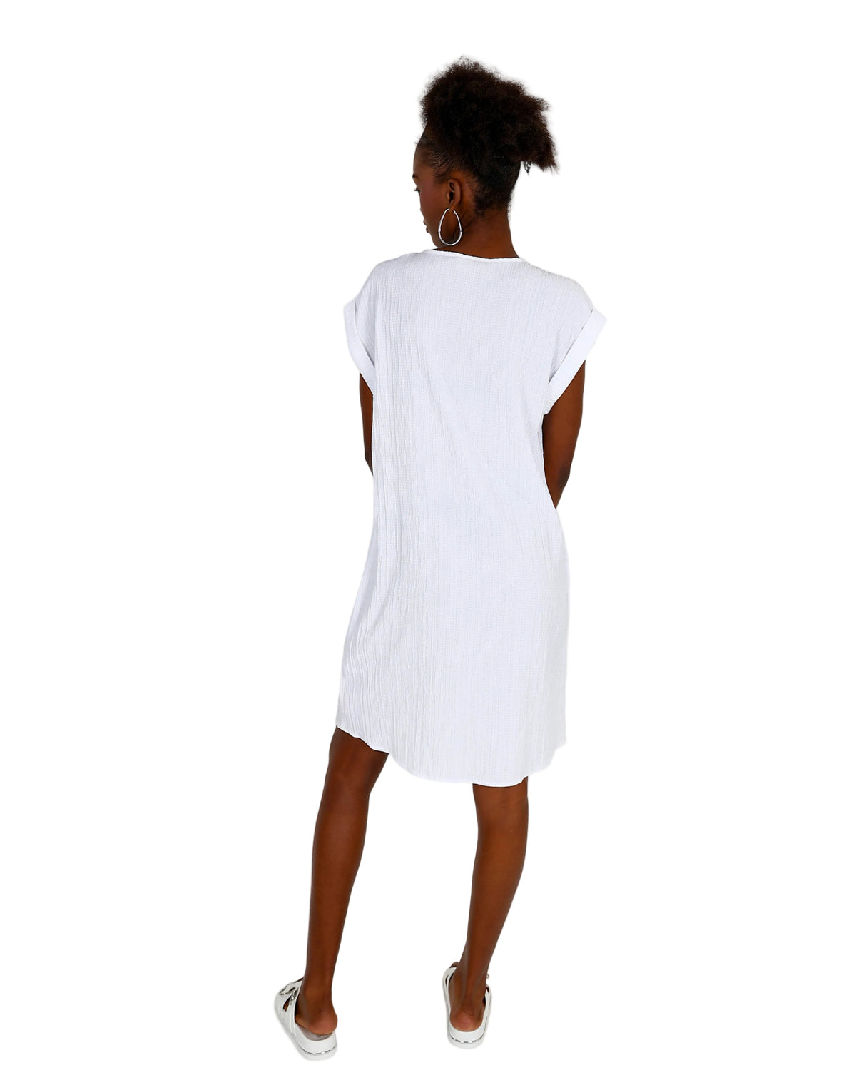 White Short Sleeve Crinkle Shift Dress