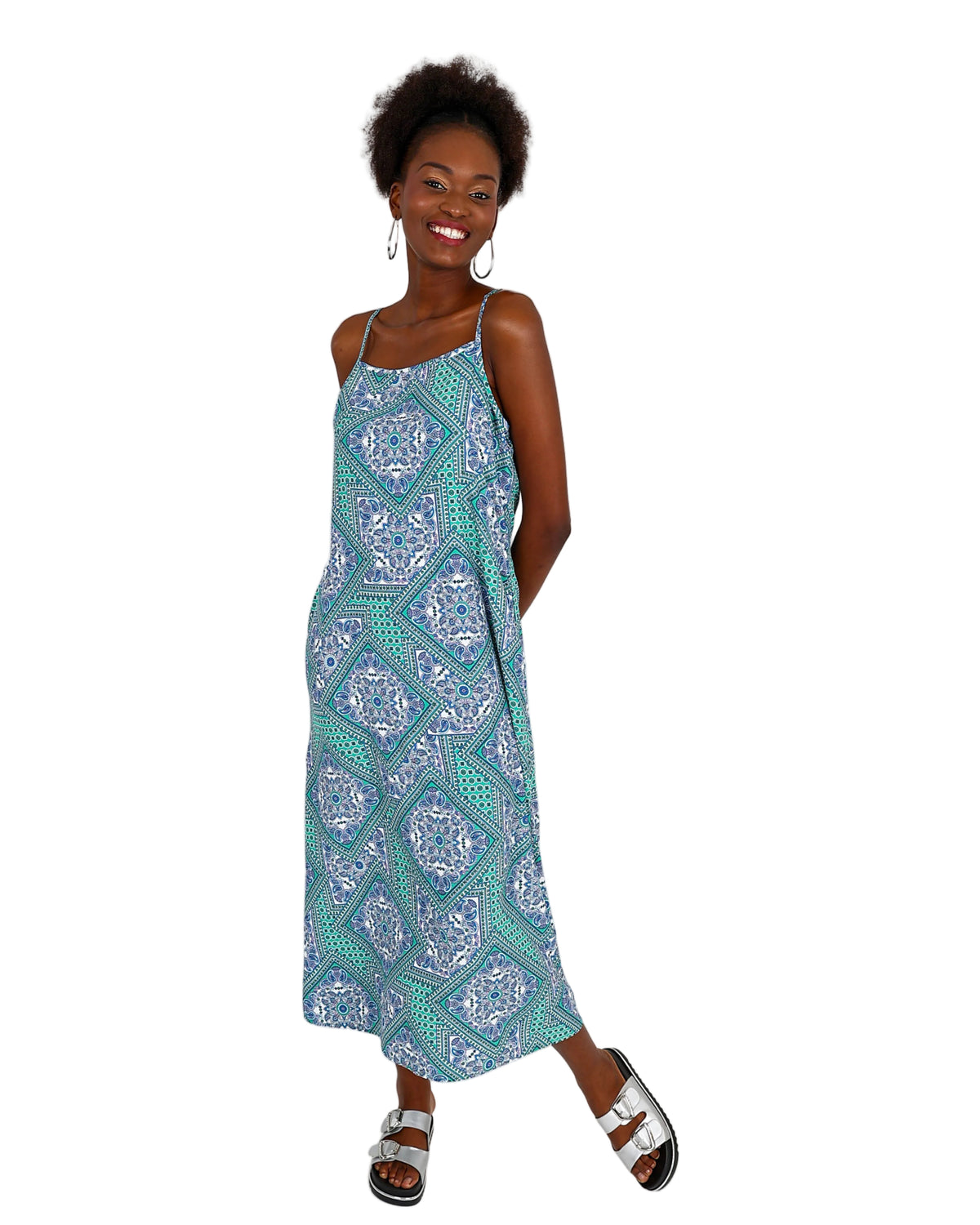 Blue Printed Strappy Maxi Dress