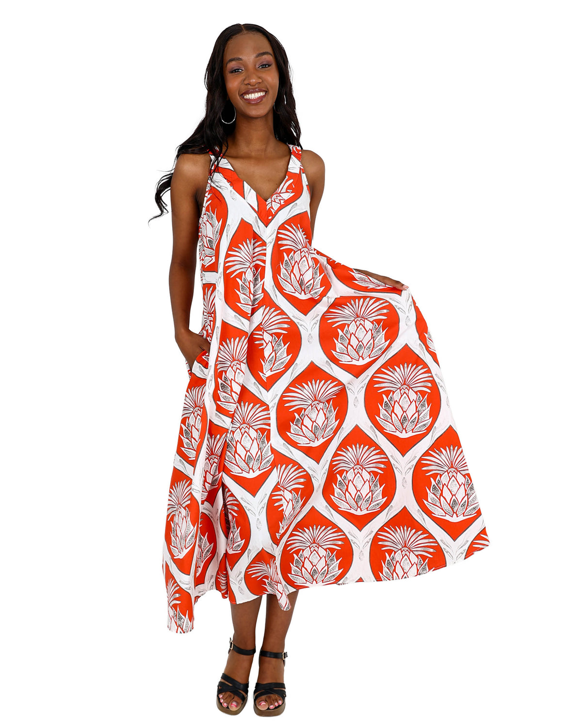 Sleeveless Tropical Print V-Neck Flared Maxi Dress