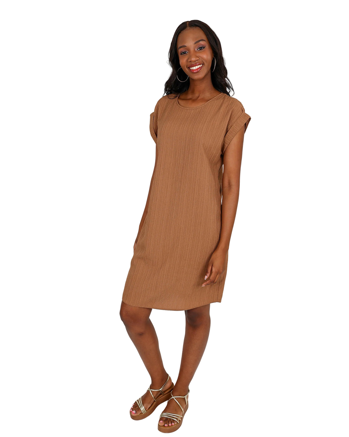 Mocha Short Sleeve Crinkle Shift Dress