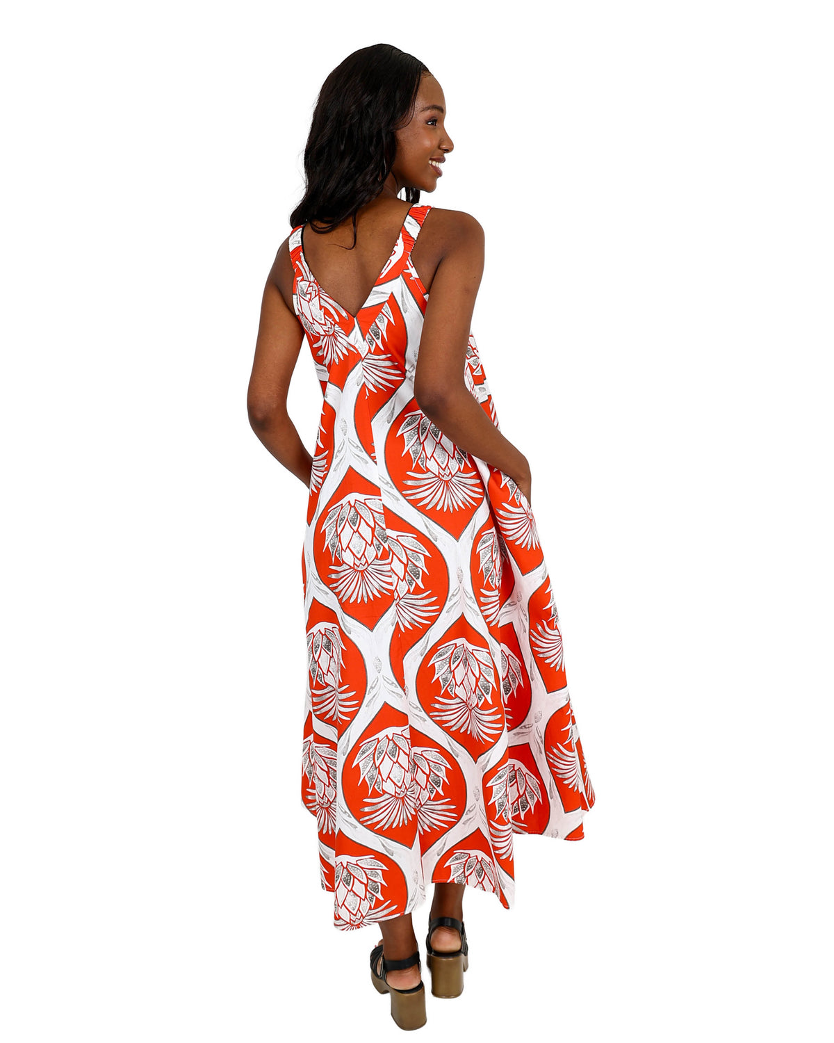 Sleeveless Tropical Print V-Neck Flared Maxi Dress