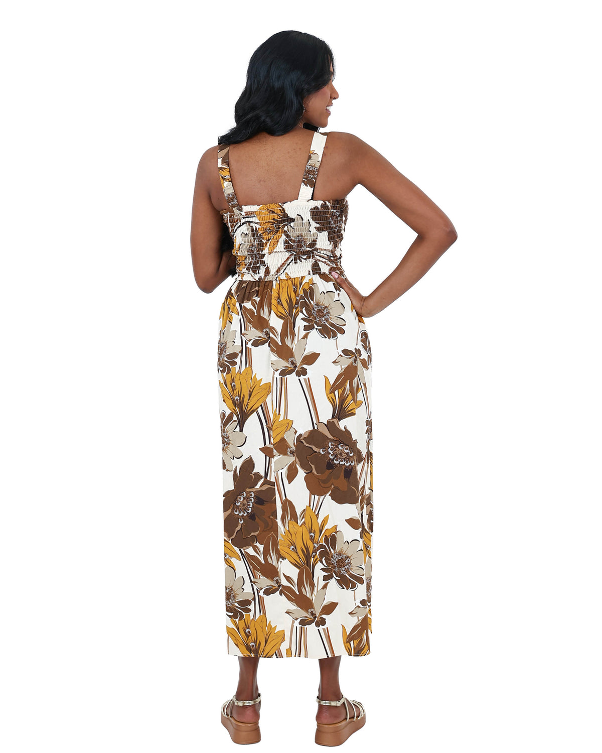 Strappy Stone Floral Shirred Maxi Dress