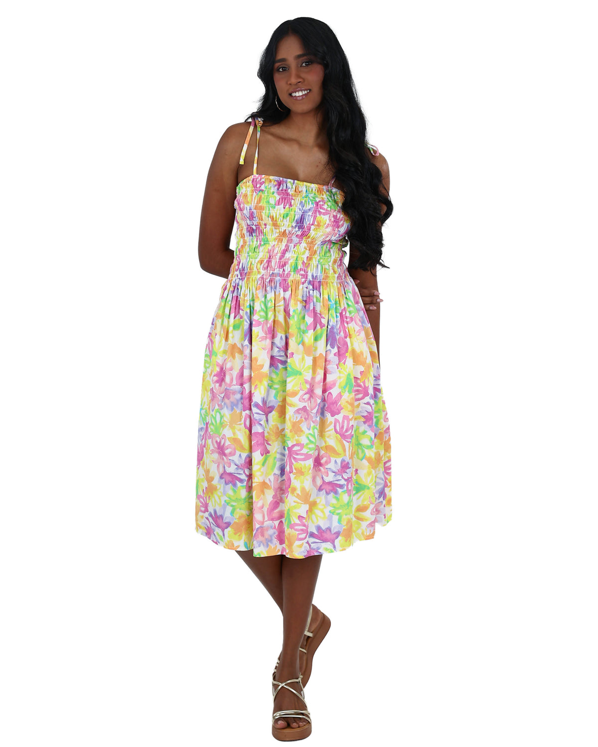 Strappy Pastel Floral Smocked Knee Length Dress