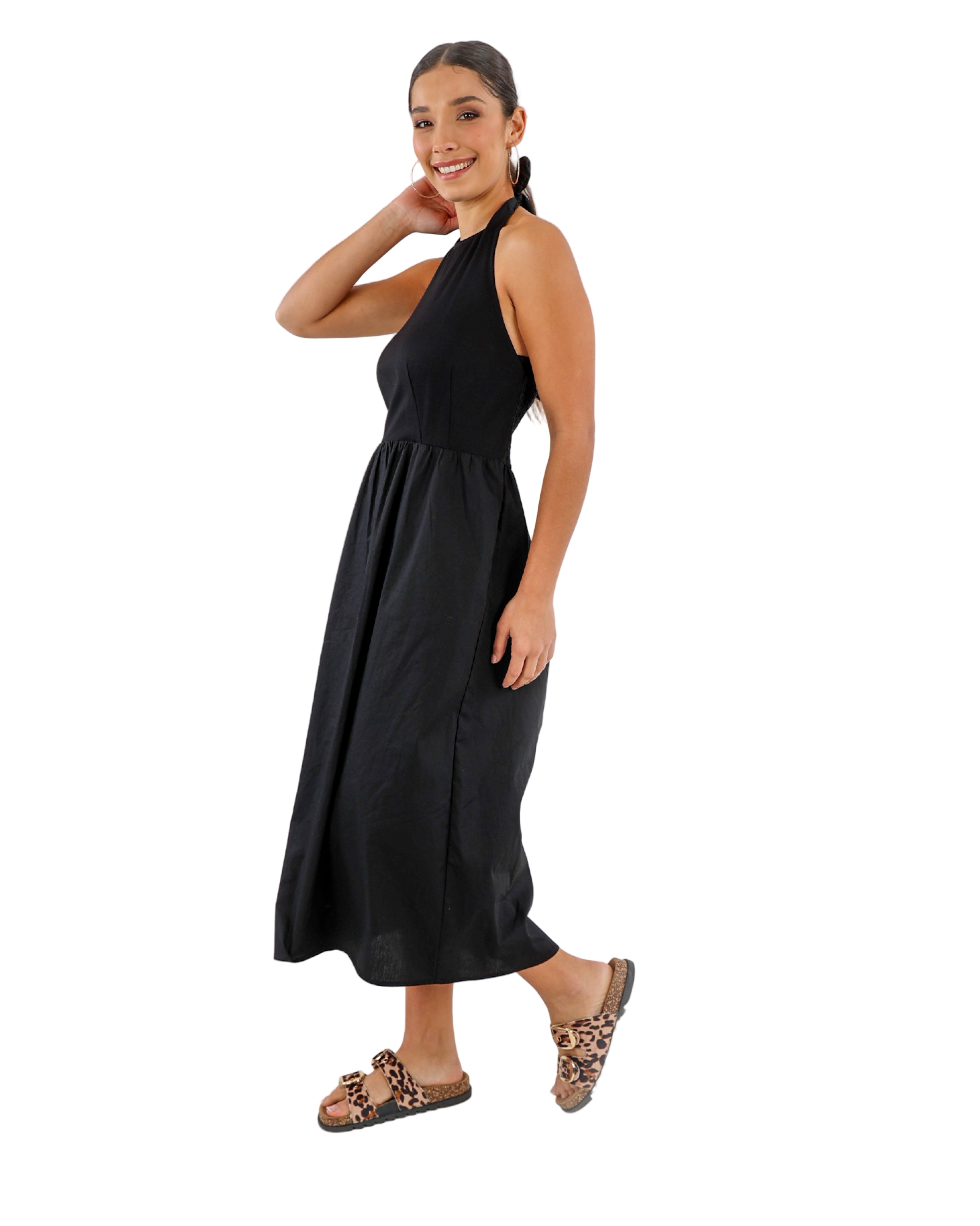 Black Halter Neck Shirred Back Midi Dress