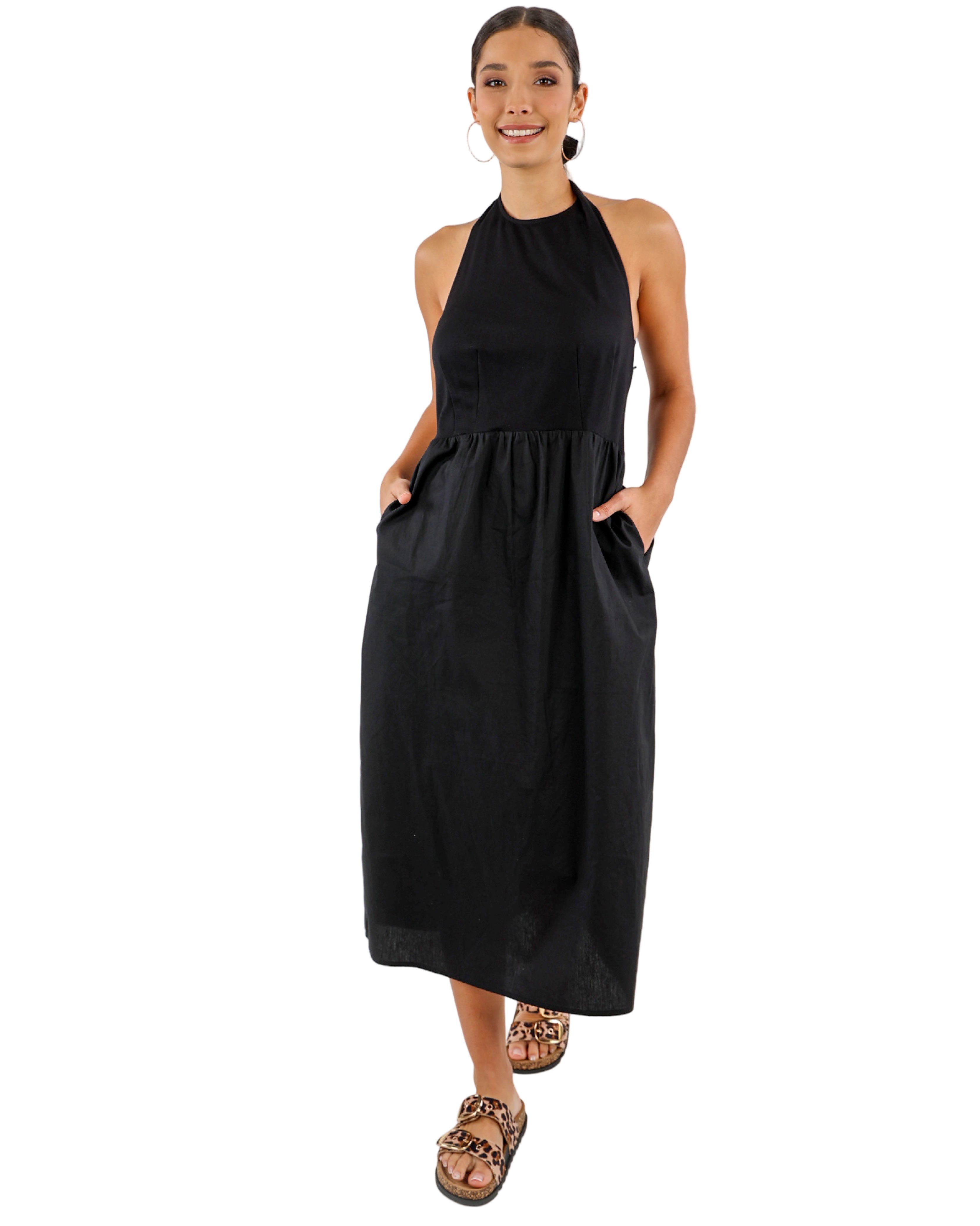 Black Halter Neck Shirred Back Midi Dress