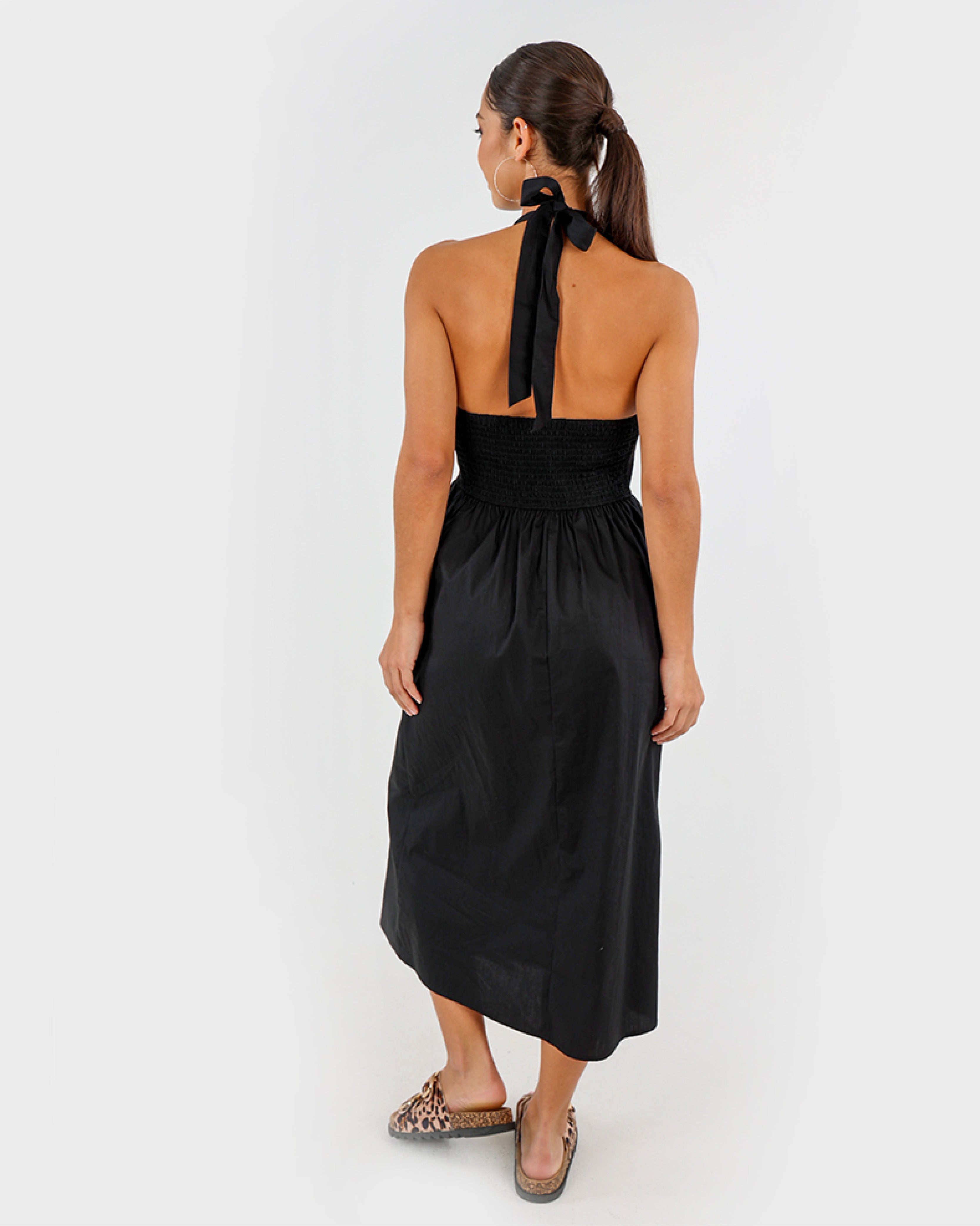 Black Halter Neck Shirred Back Midi Dress