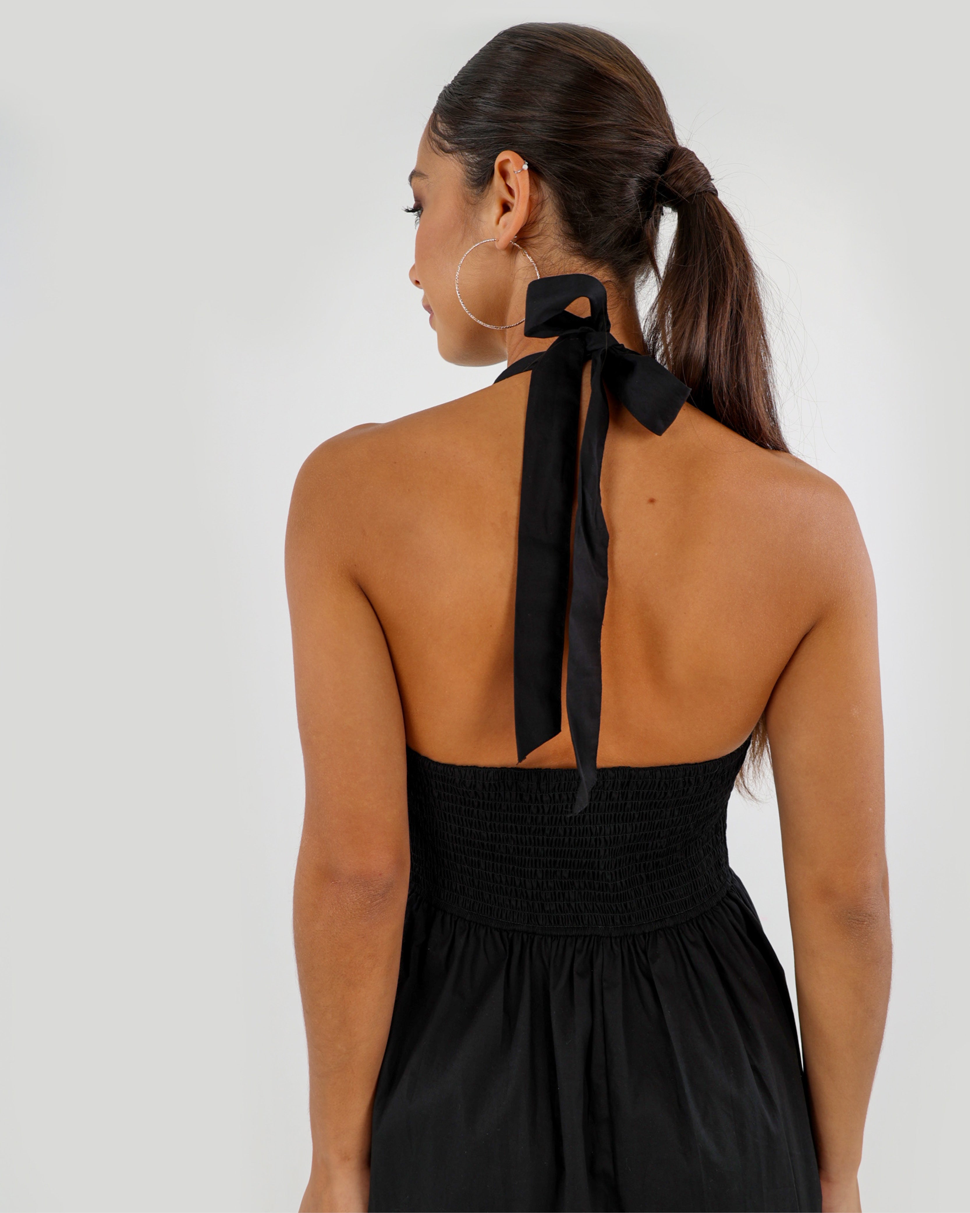 Black Halter Neck Shirred Back Midi Dress