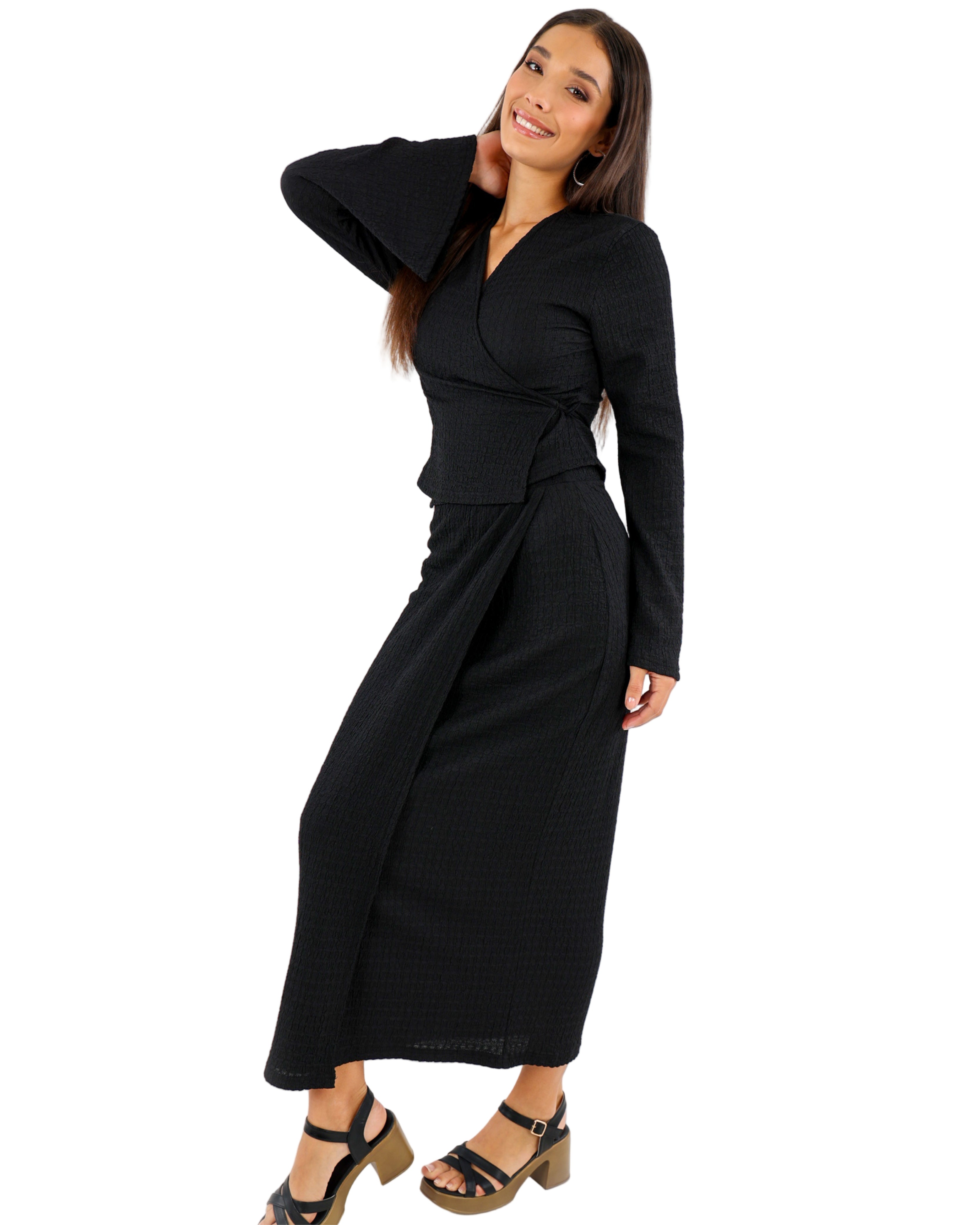 Black Crinkle Maxi Wrap Skirt