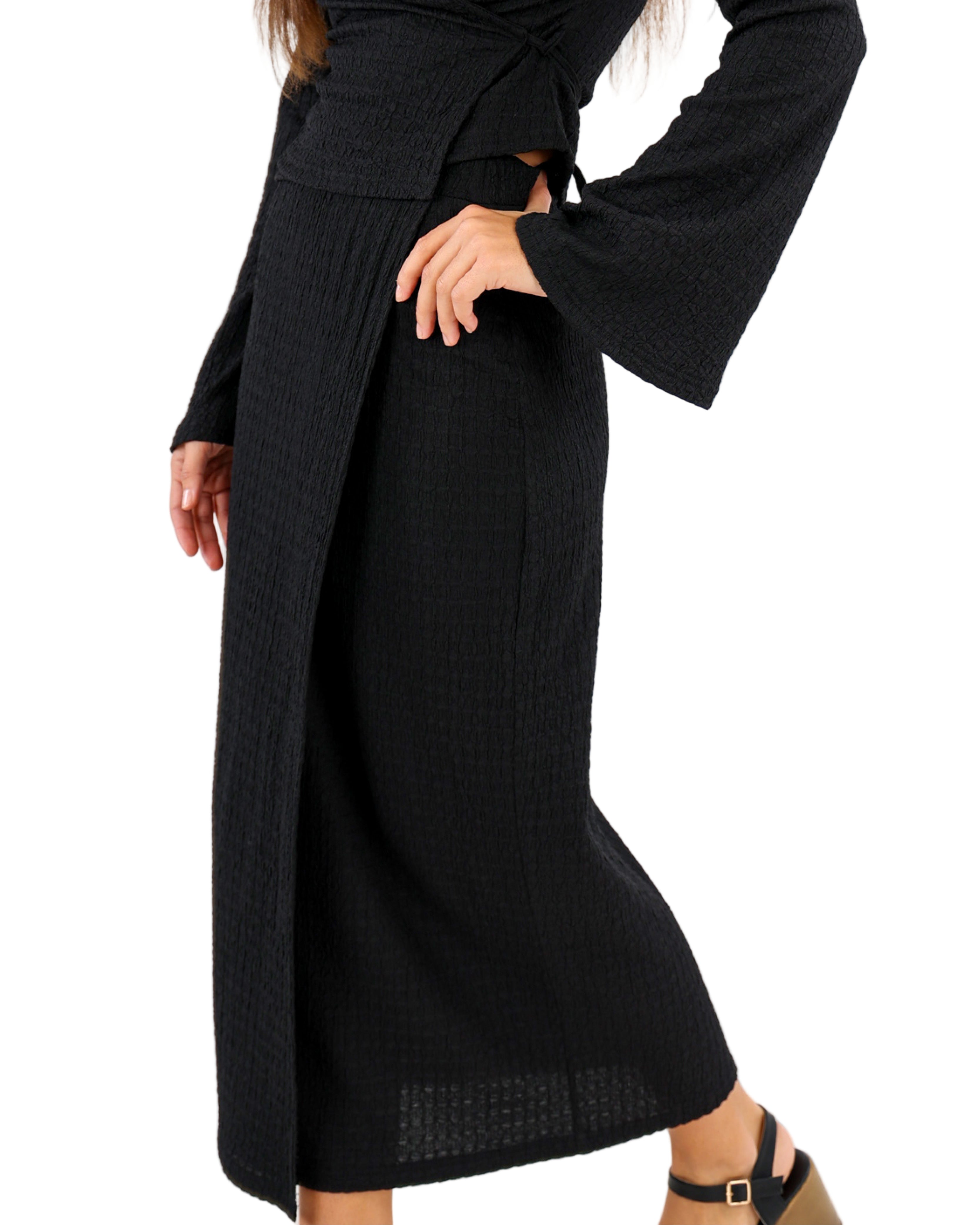 Black Crinkle Maxi Wrap Skirt