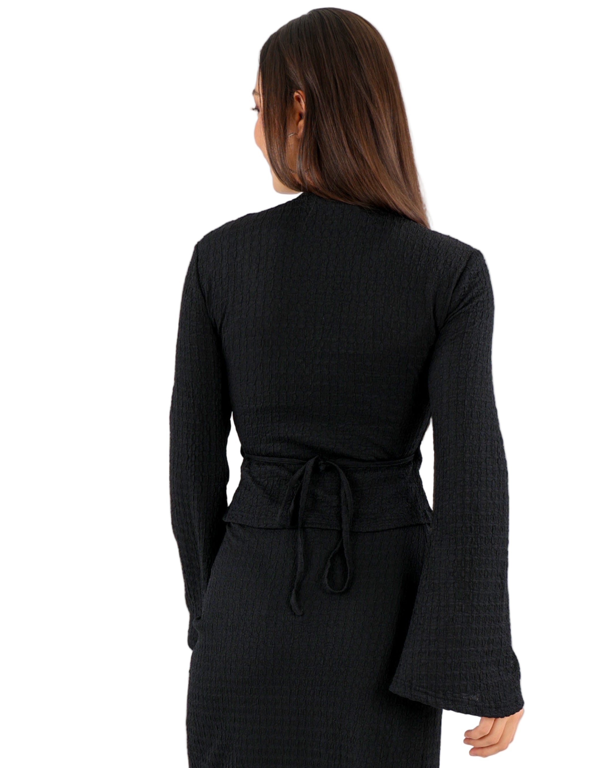 Black Long Flaired Sleeve Crinkle Wrap Blouse