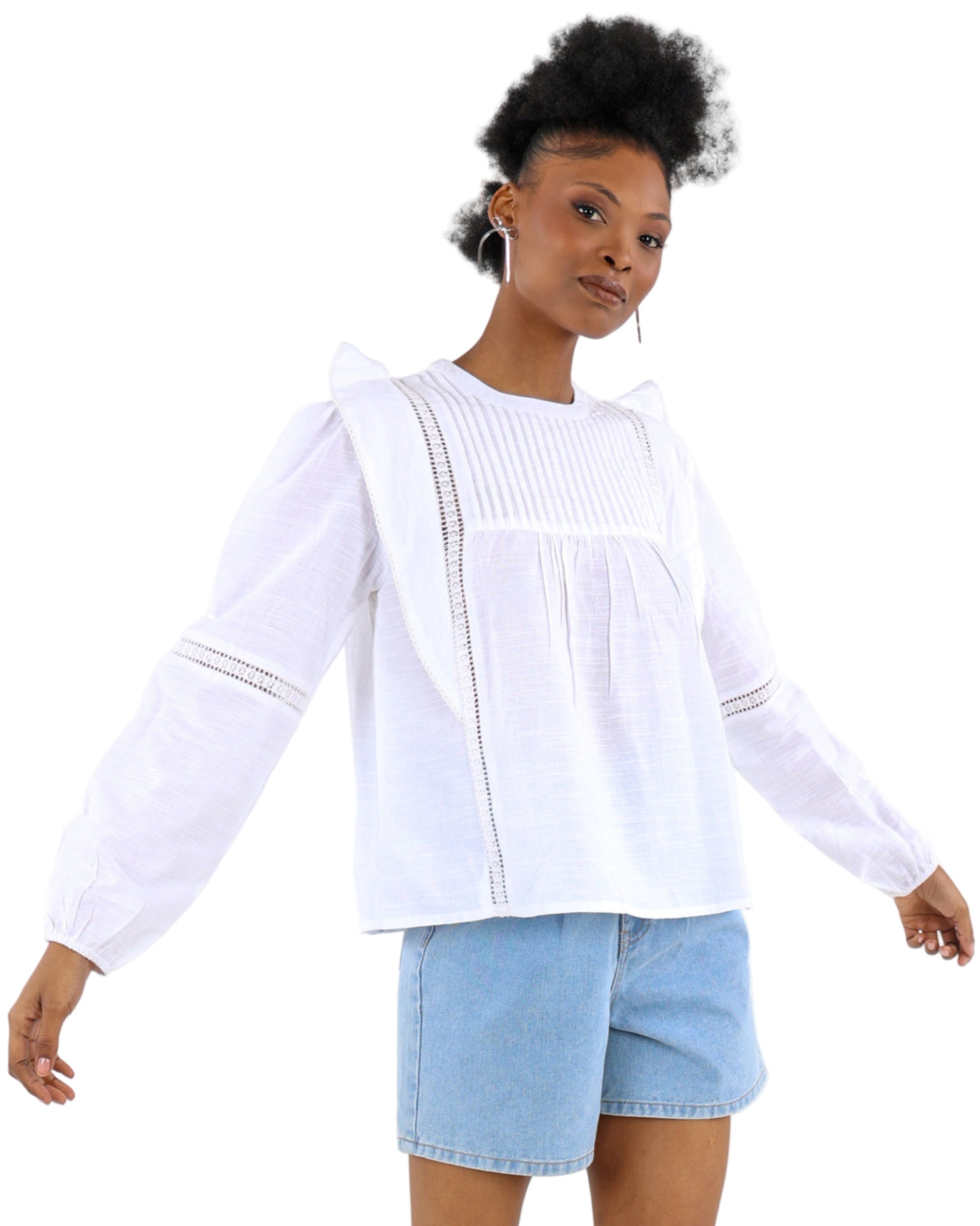 Long Sleeve Pintuck Cotton Blouse