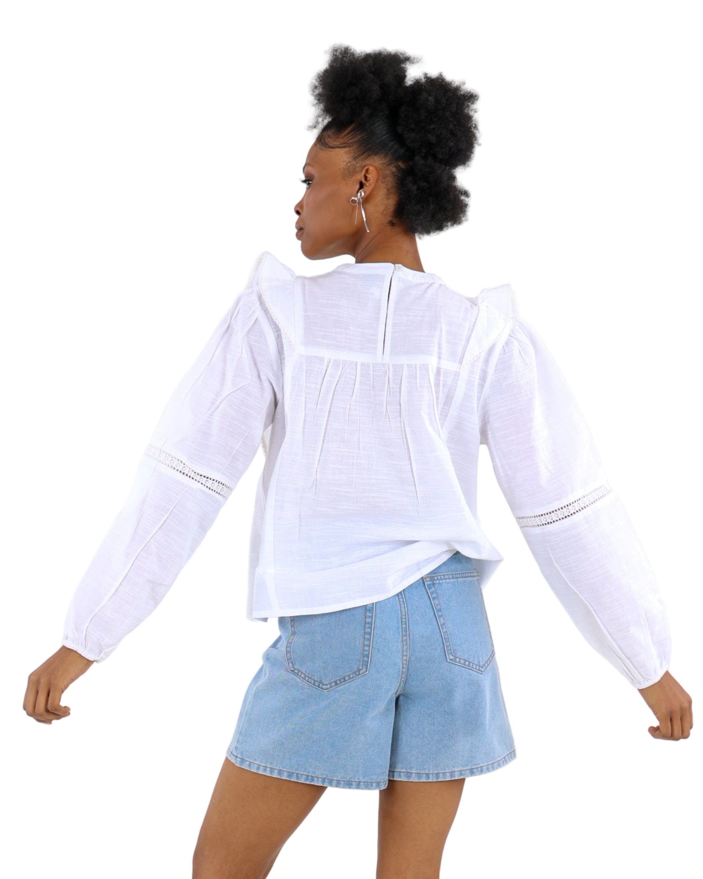 Long Sleeve Pintuck Cotton Blouse