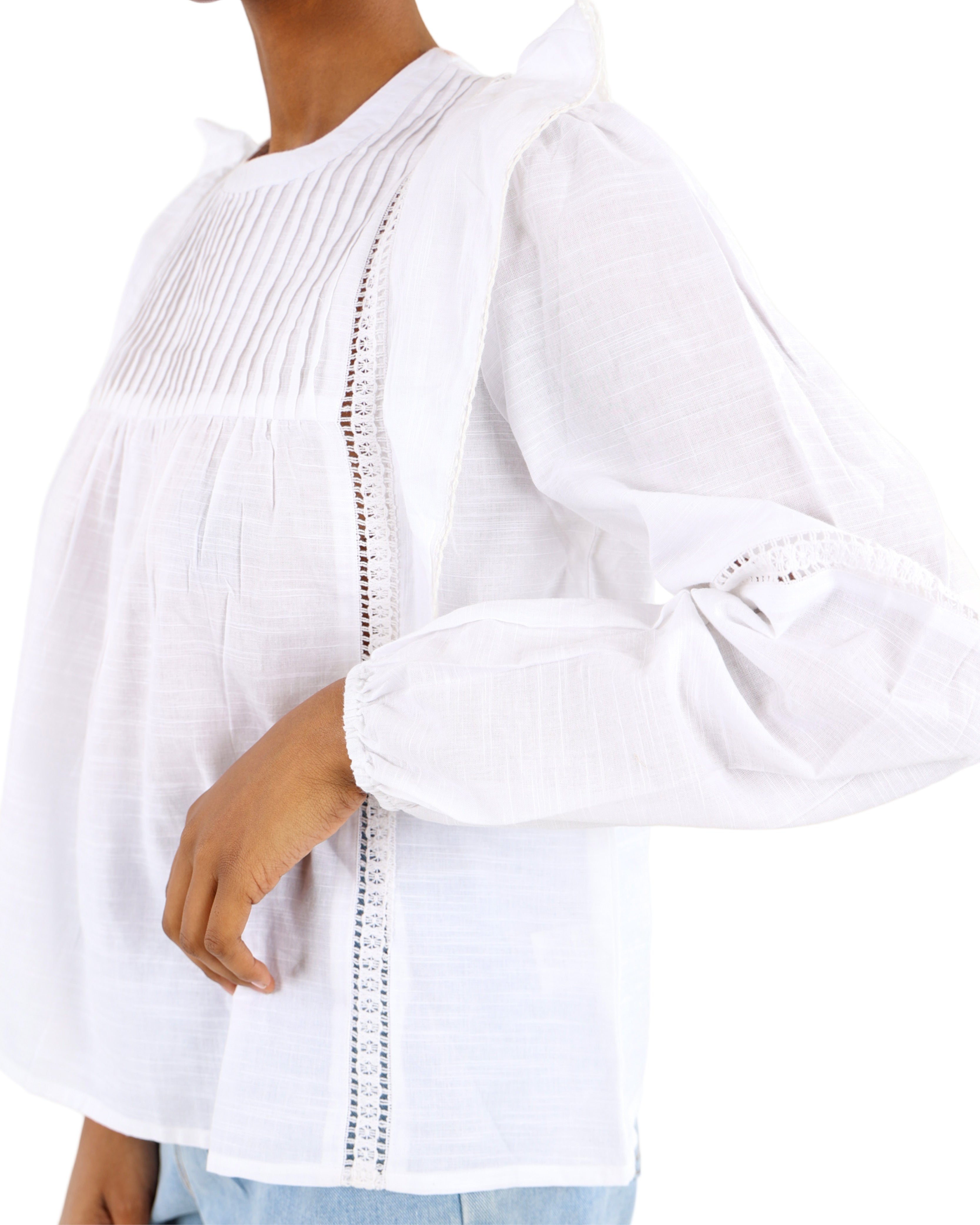 Long Sleeve Pintuck Cotton Blouse