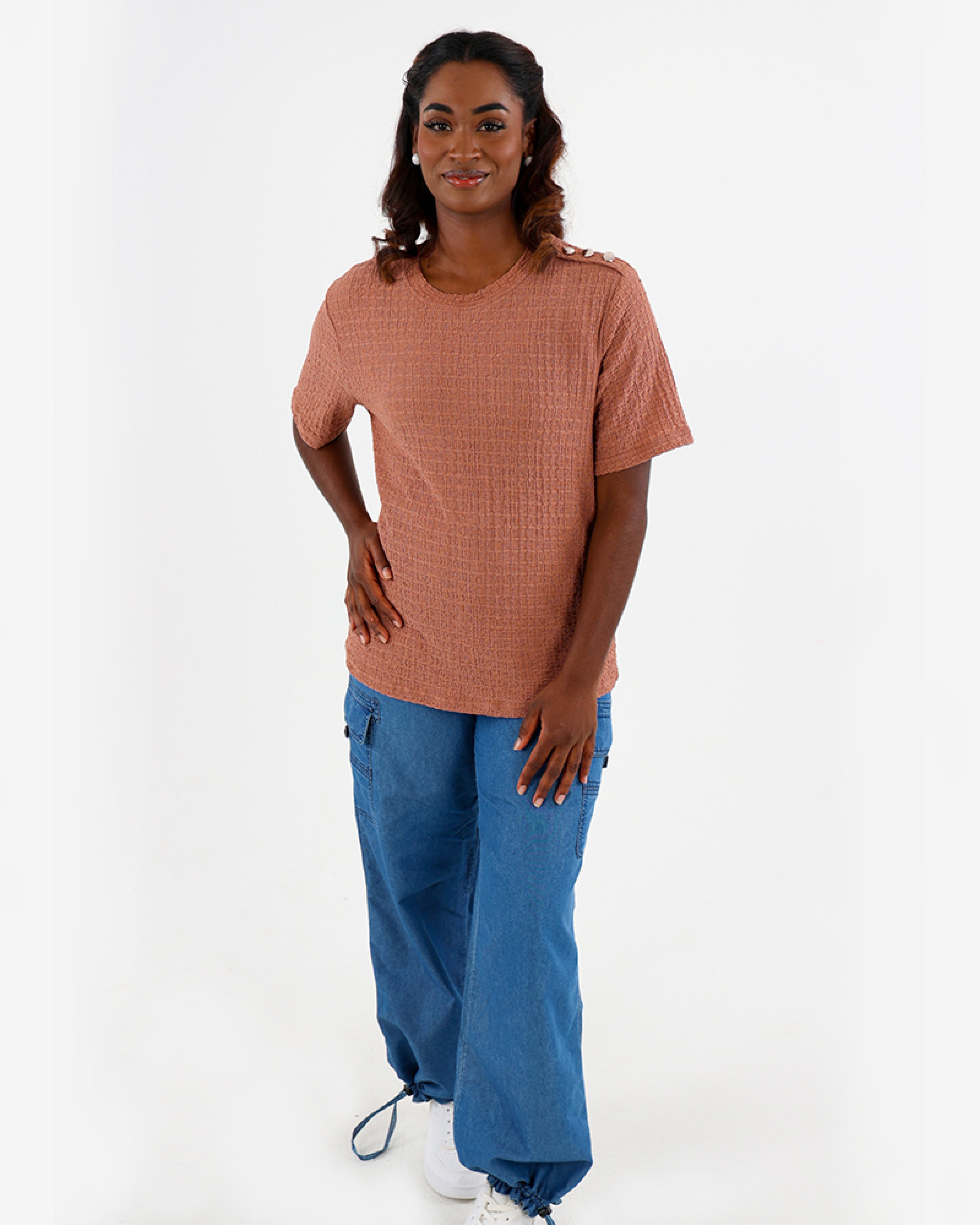 Rust Shoulder Button Bubble Top