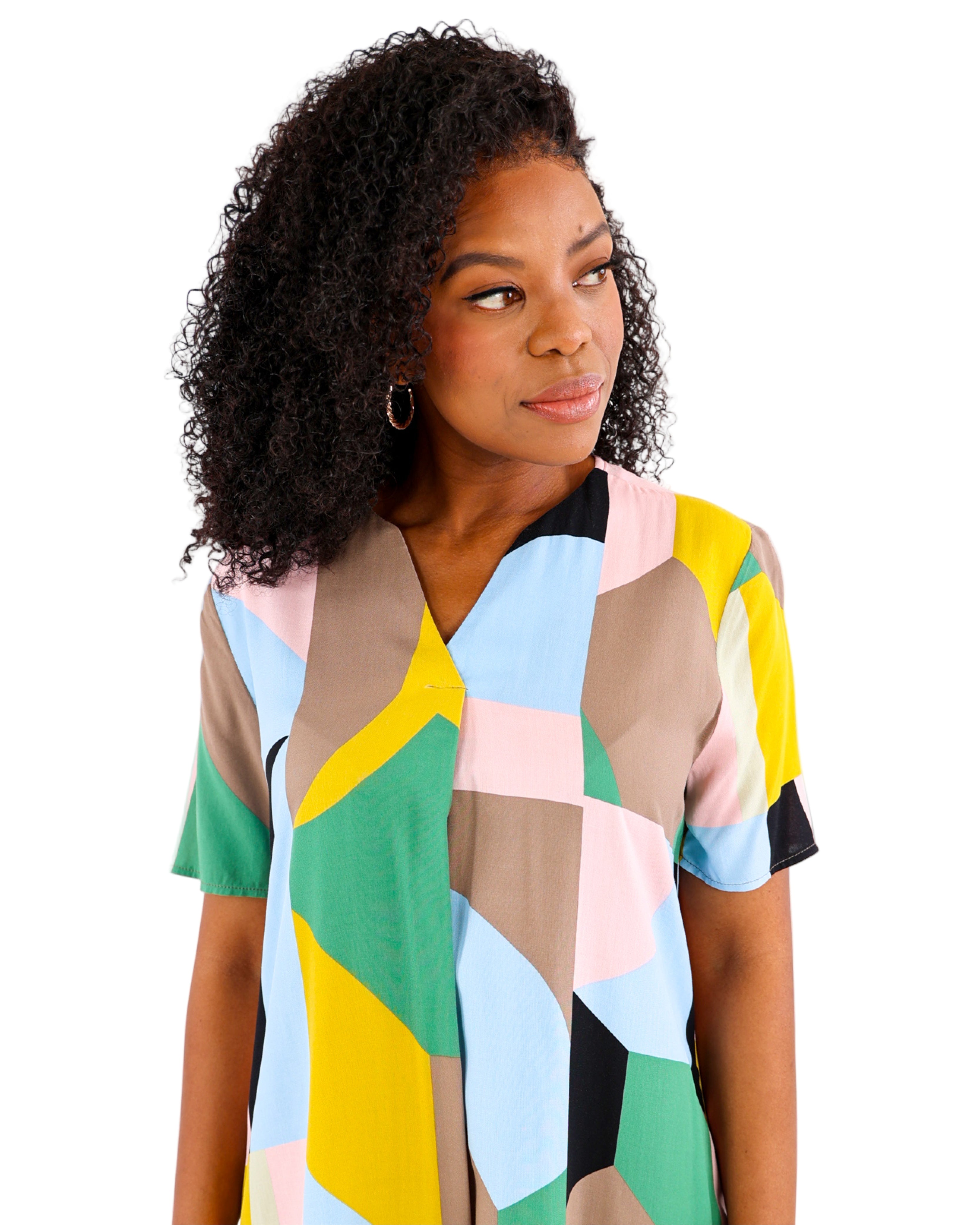 Short Sleeve Geometric Print Shift Dress
