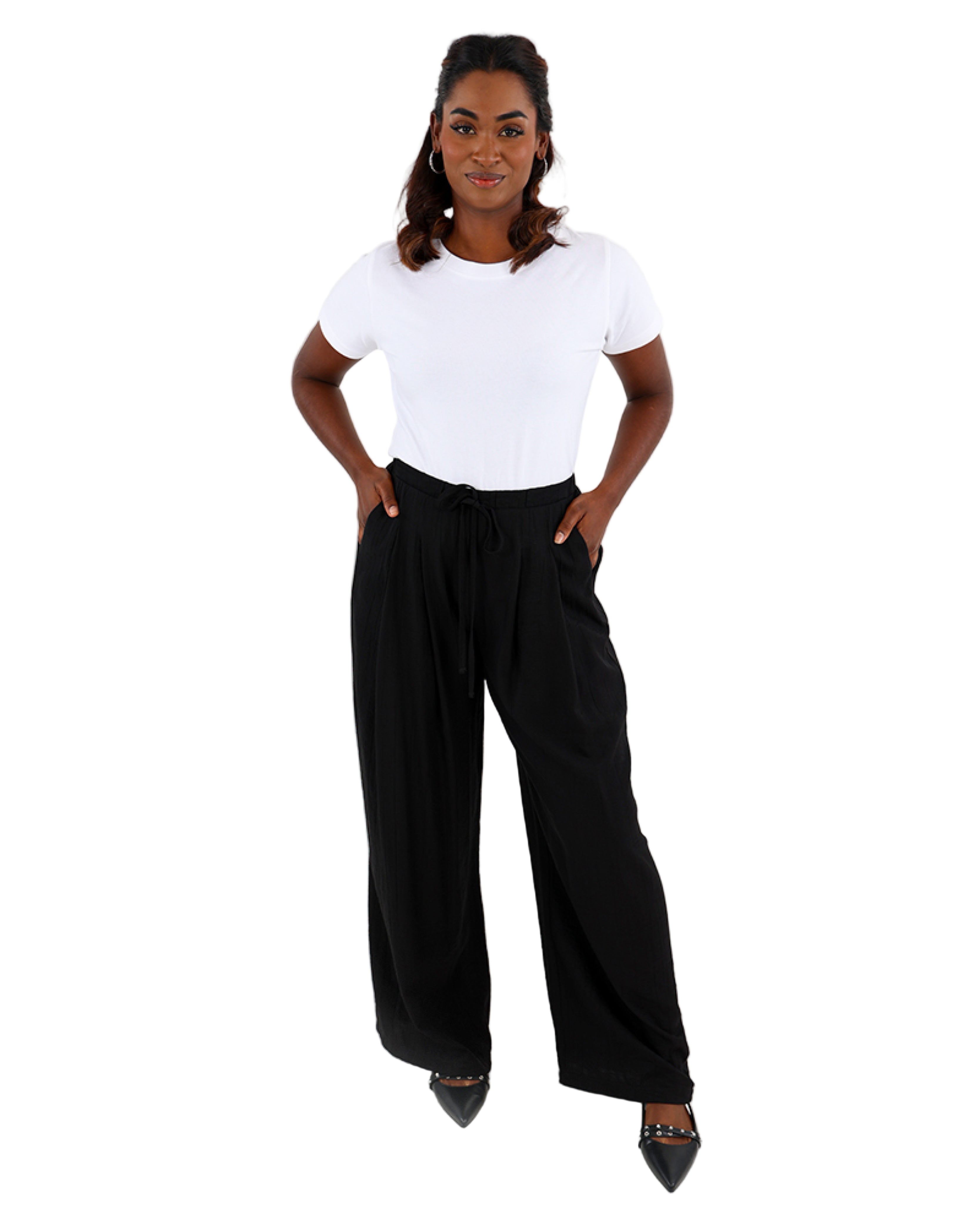 Black Relaxed Fit Wide Leg Pull On Pants