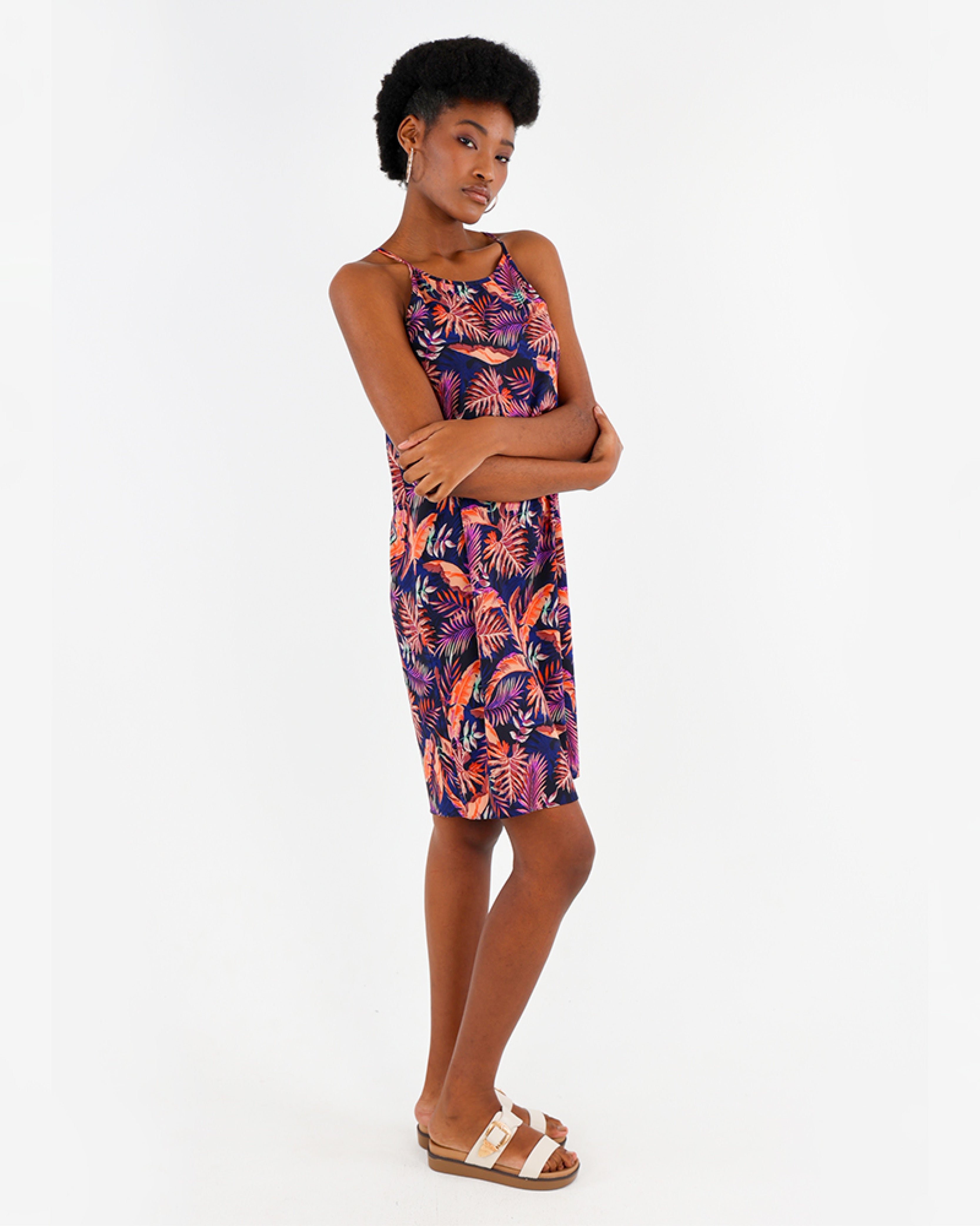 Strappy High Neck Tropical Print Dress