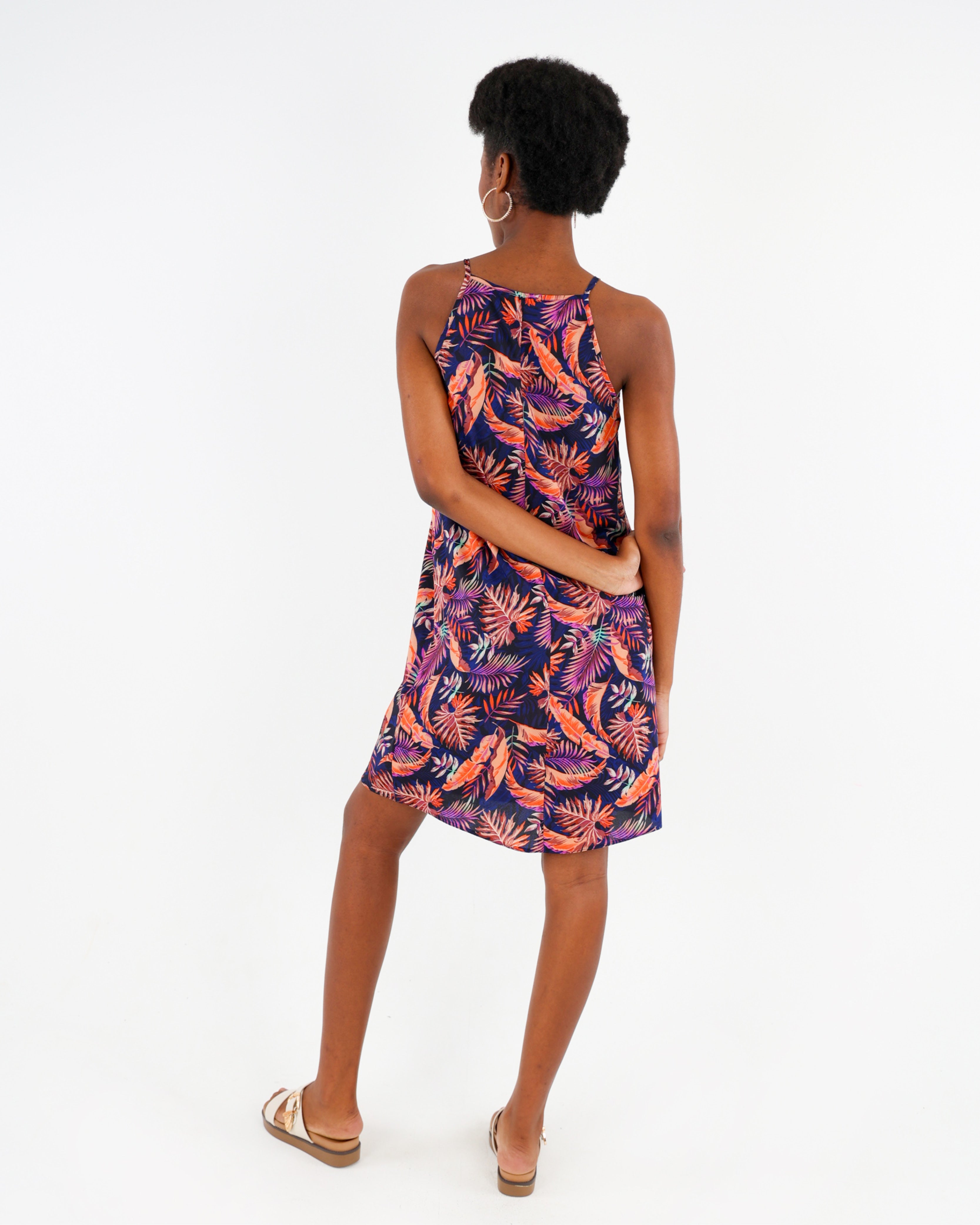 Strappy High Neck Tropical Print Dress