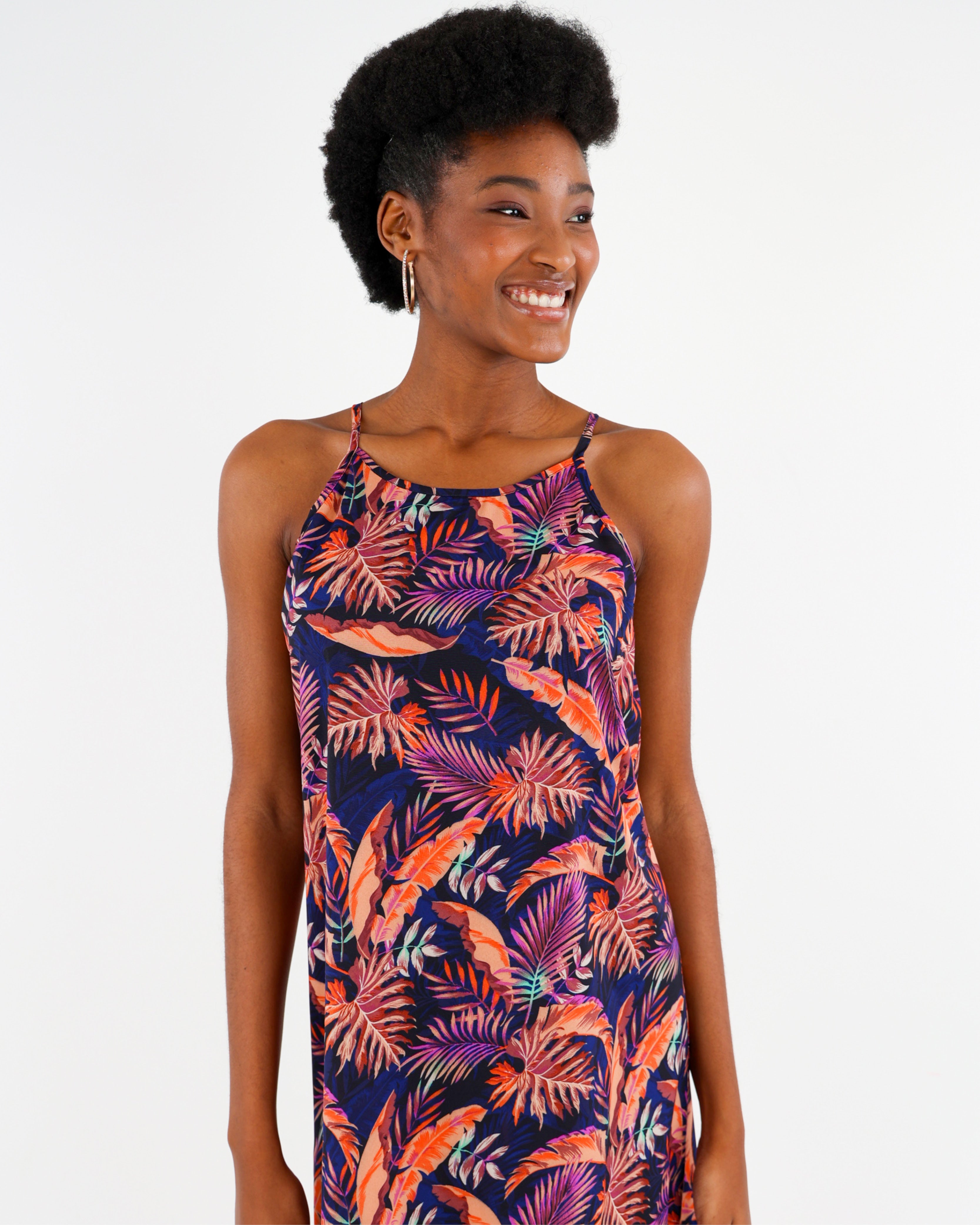 Strappy High Neck Tropical Print Dress