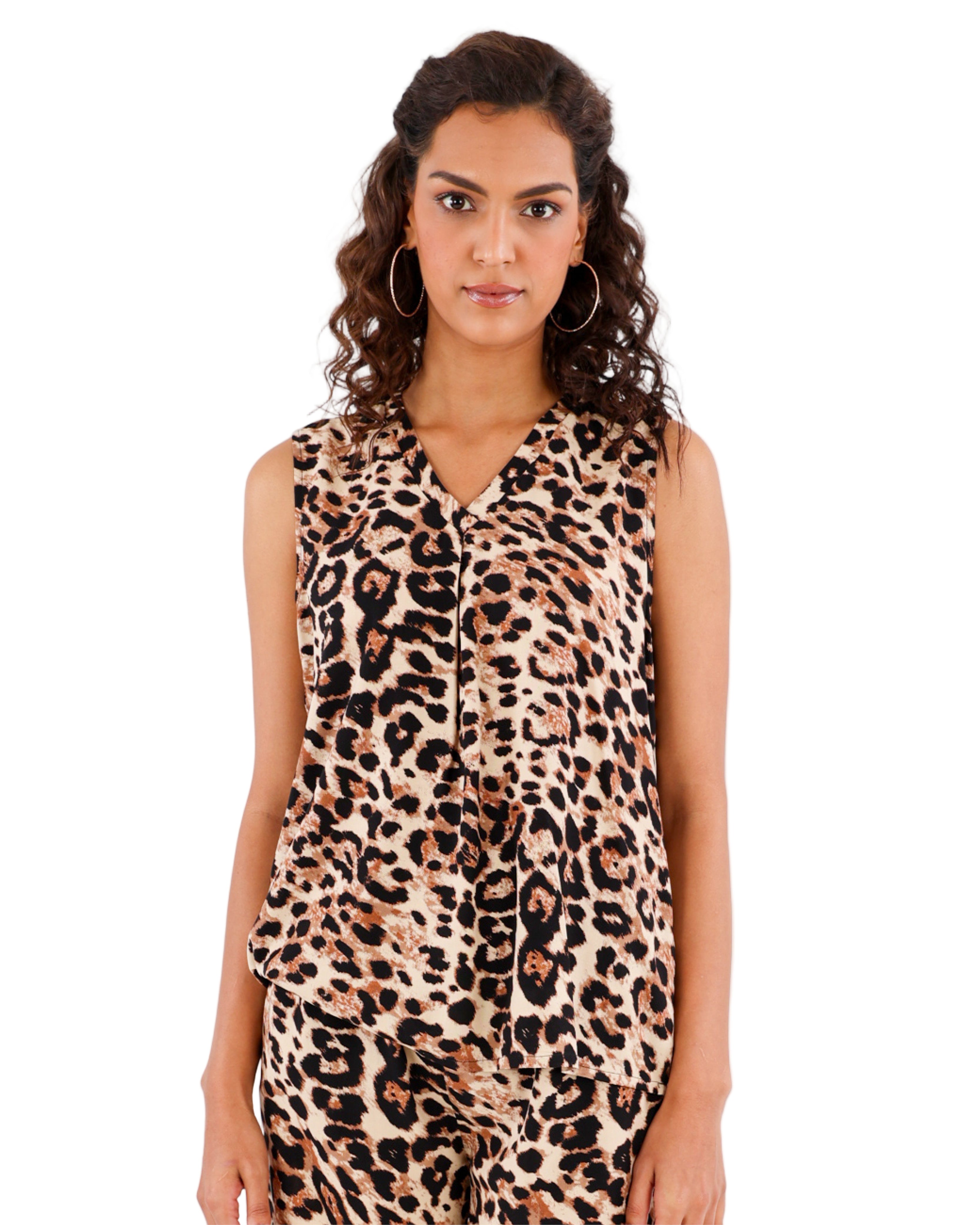 Leopard Print Sleeveless Henley Blouse