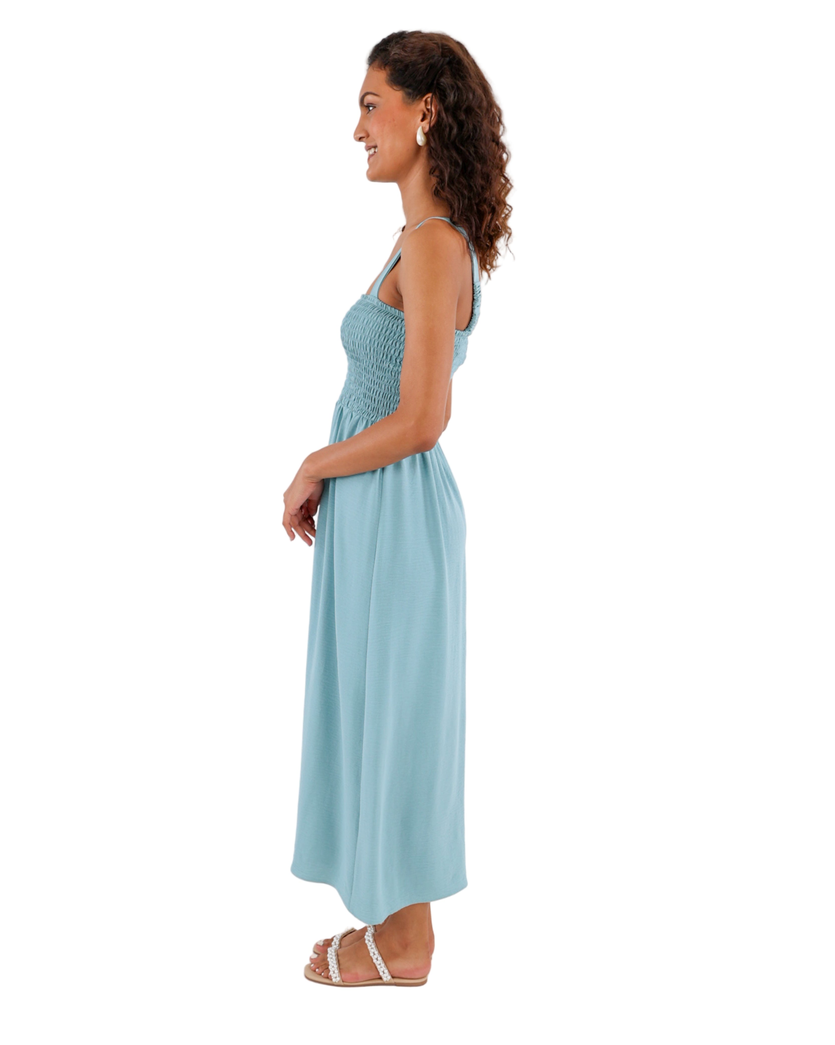 Duck Egg Strappy Smocked Maxi Dress