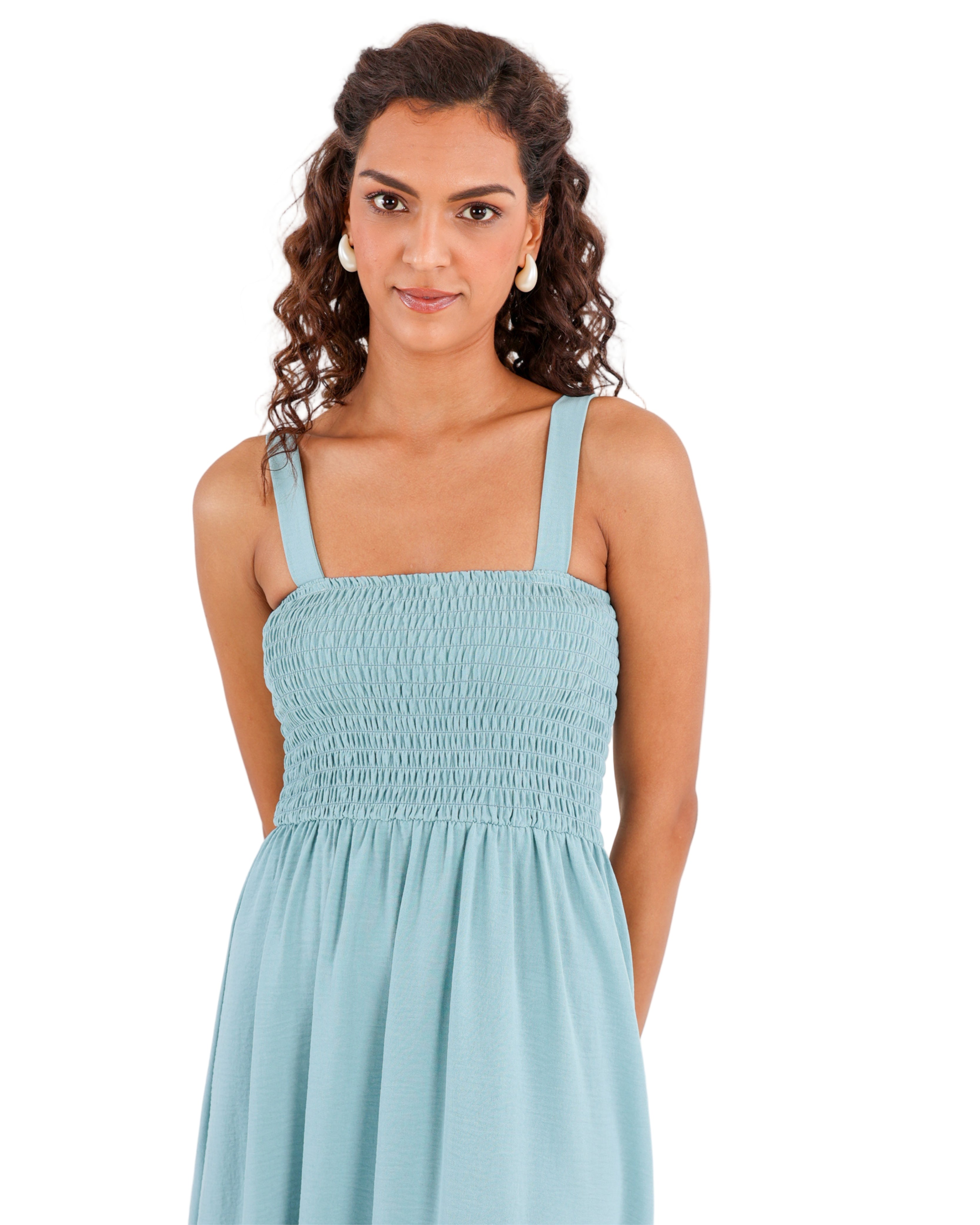 Duck Egg Strappy Smocked Maxi Dress