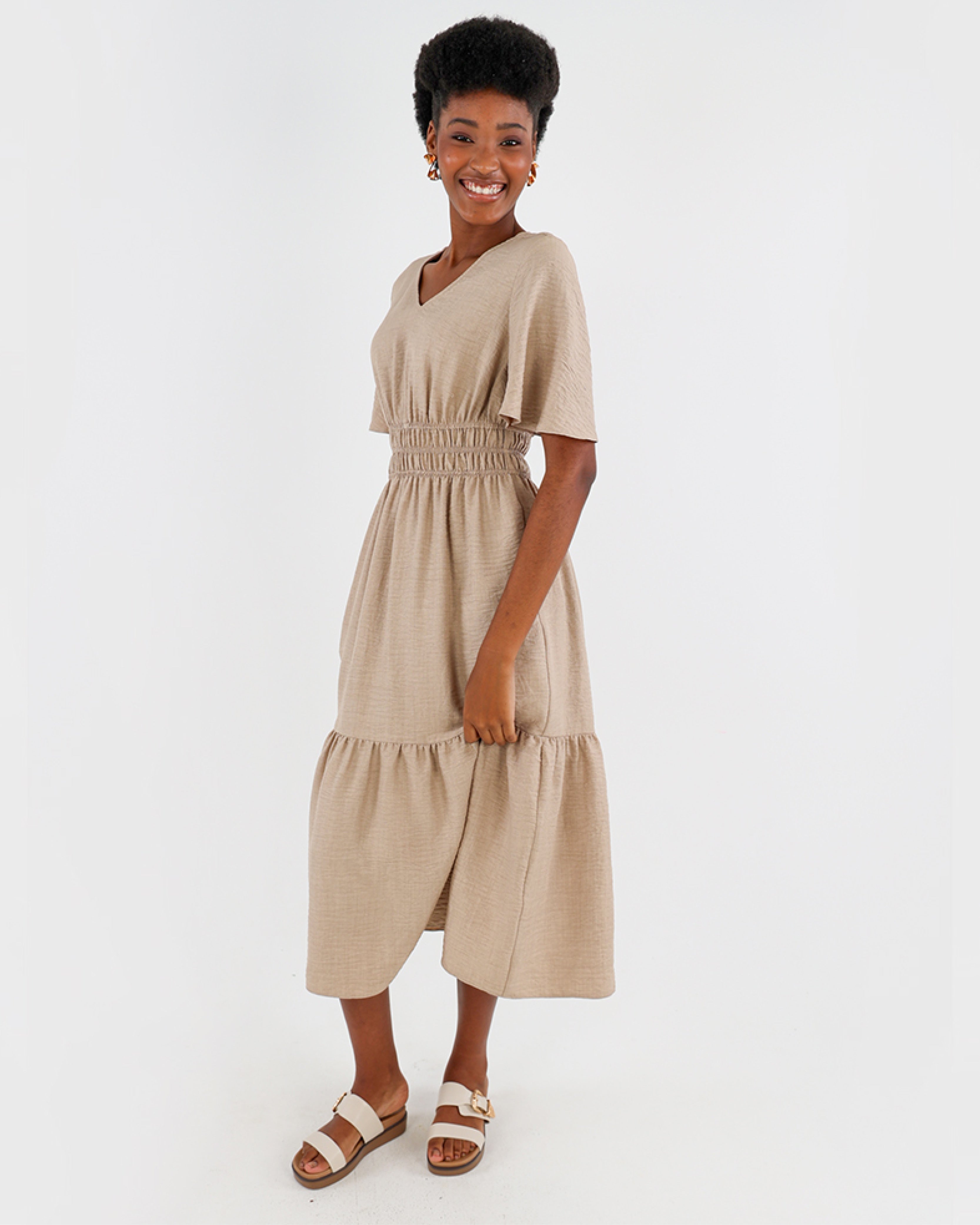 Short Sleeve Tiered Midi Dress