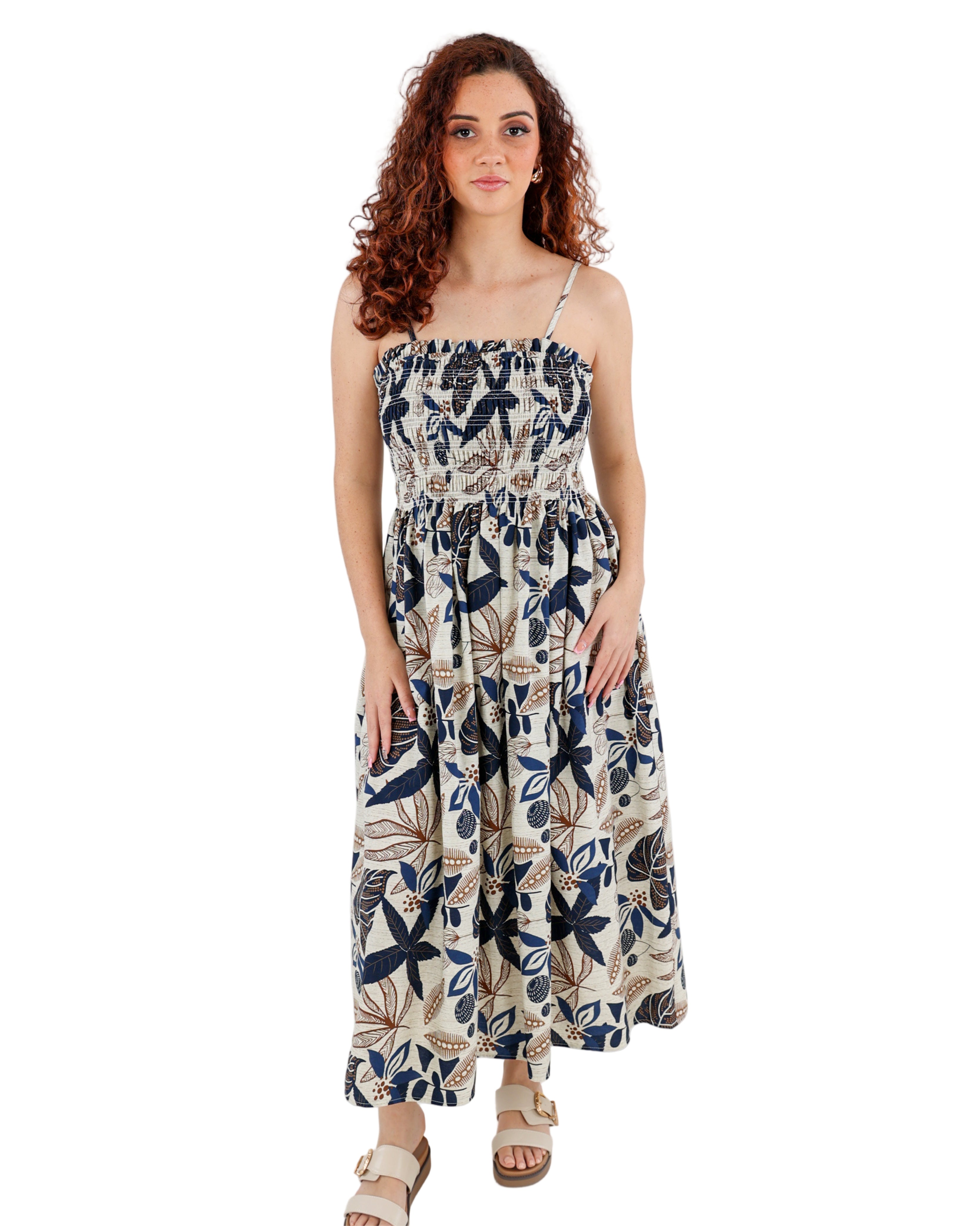 Stone Ruched Bodice Printed Strappy Maxi Dress