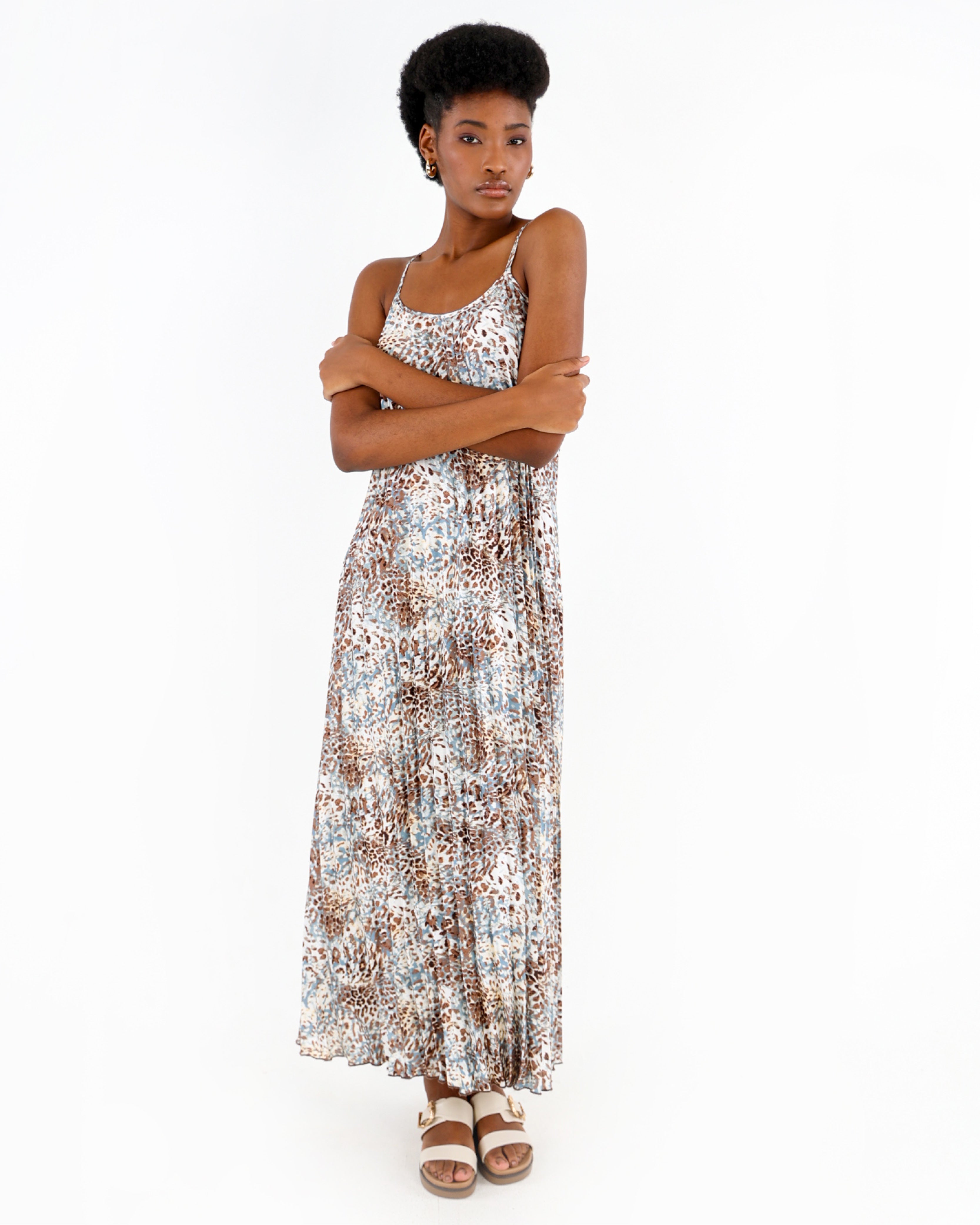 Pastel Animal Print Strappy Pleated Maxi Dress