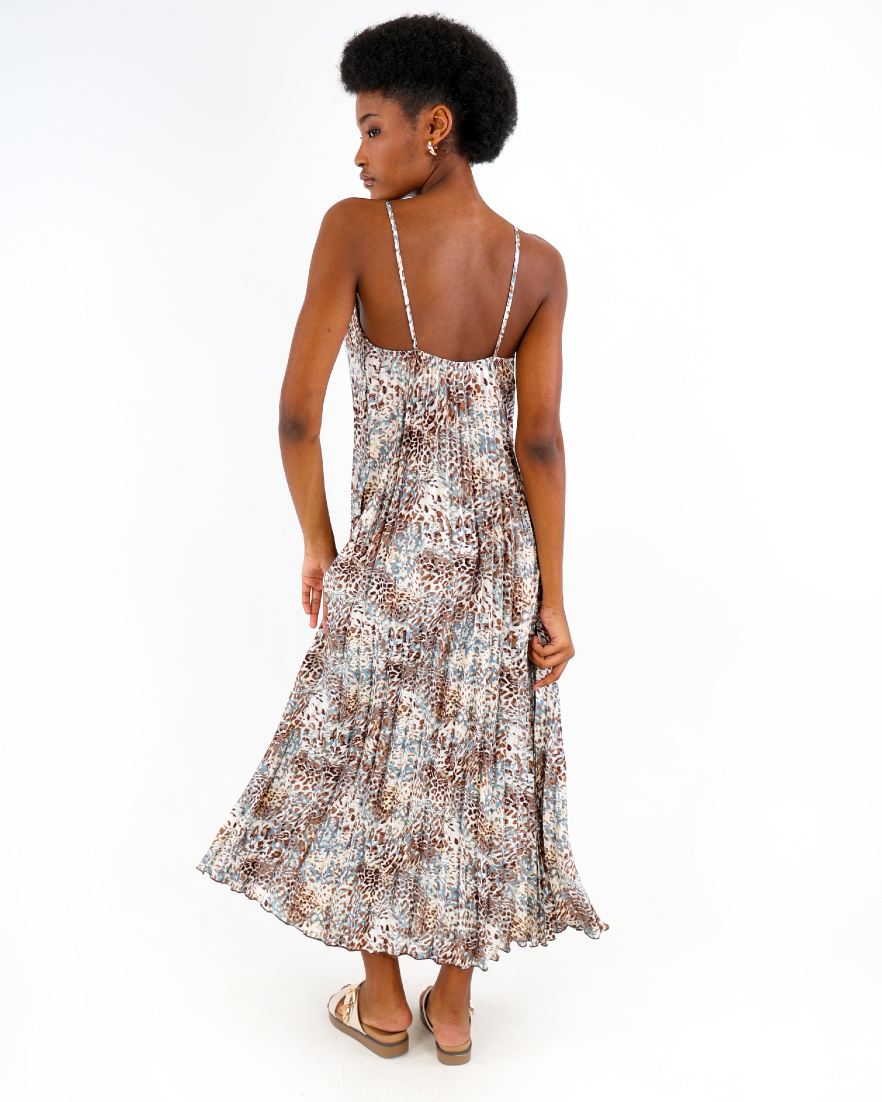 Pastel Animal Print Strappy Pleated Maxi Dress
