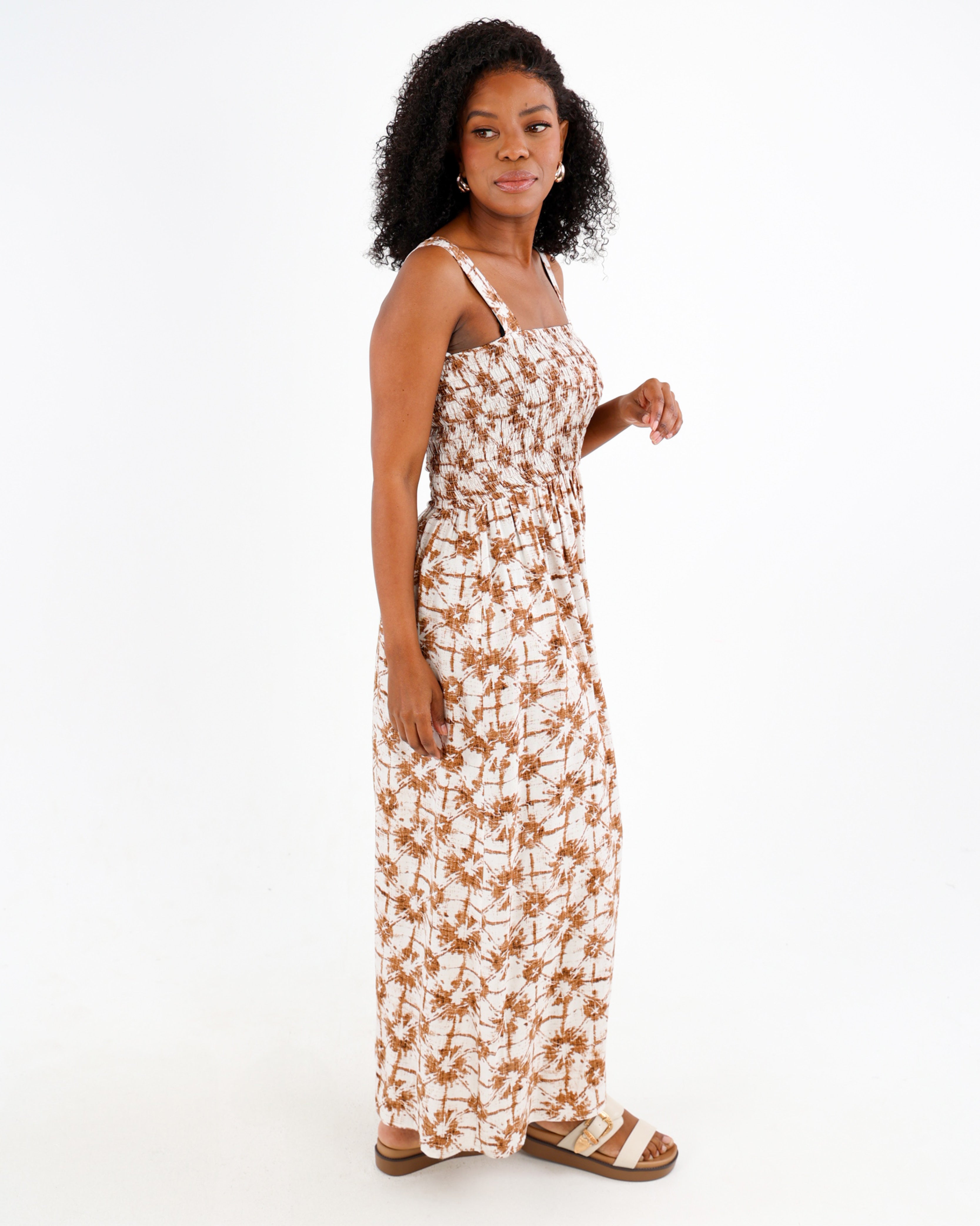 Strappy Smocked Printed Maxi Dress