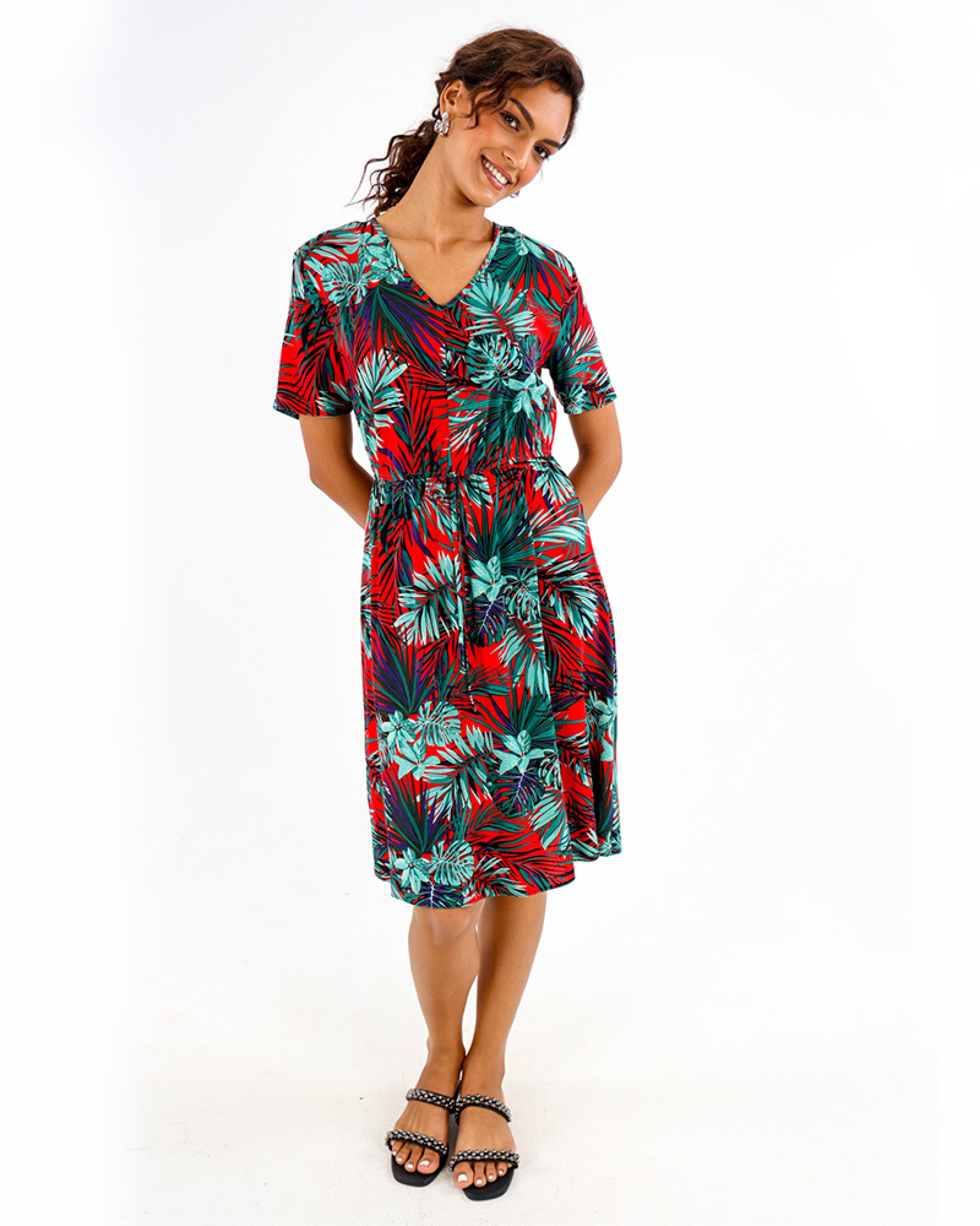 Tropical Print Short Sleeve Summer Dress