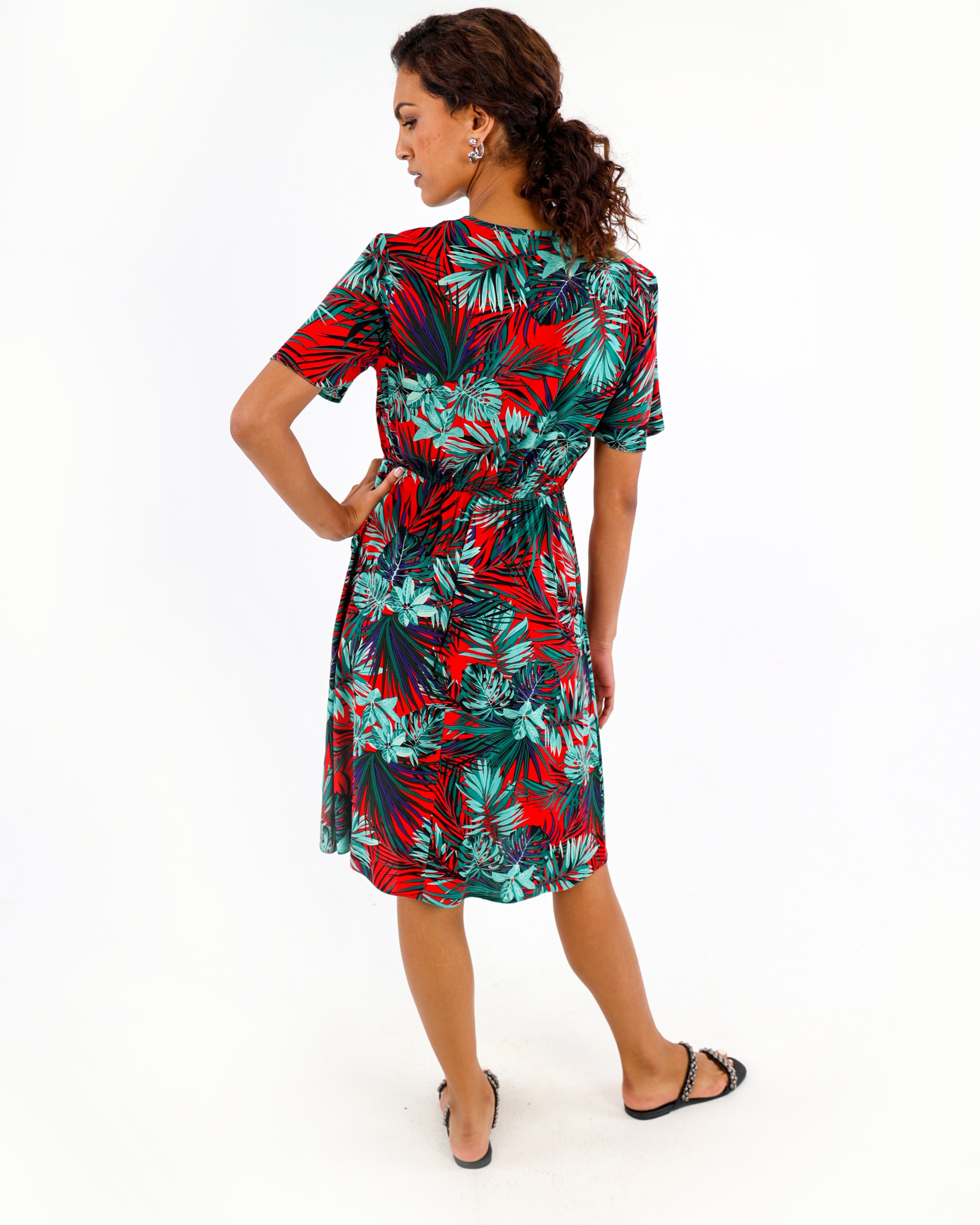 Tropical Print Short Sleeve Summer Dress