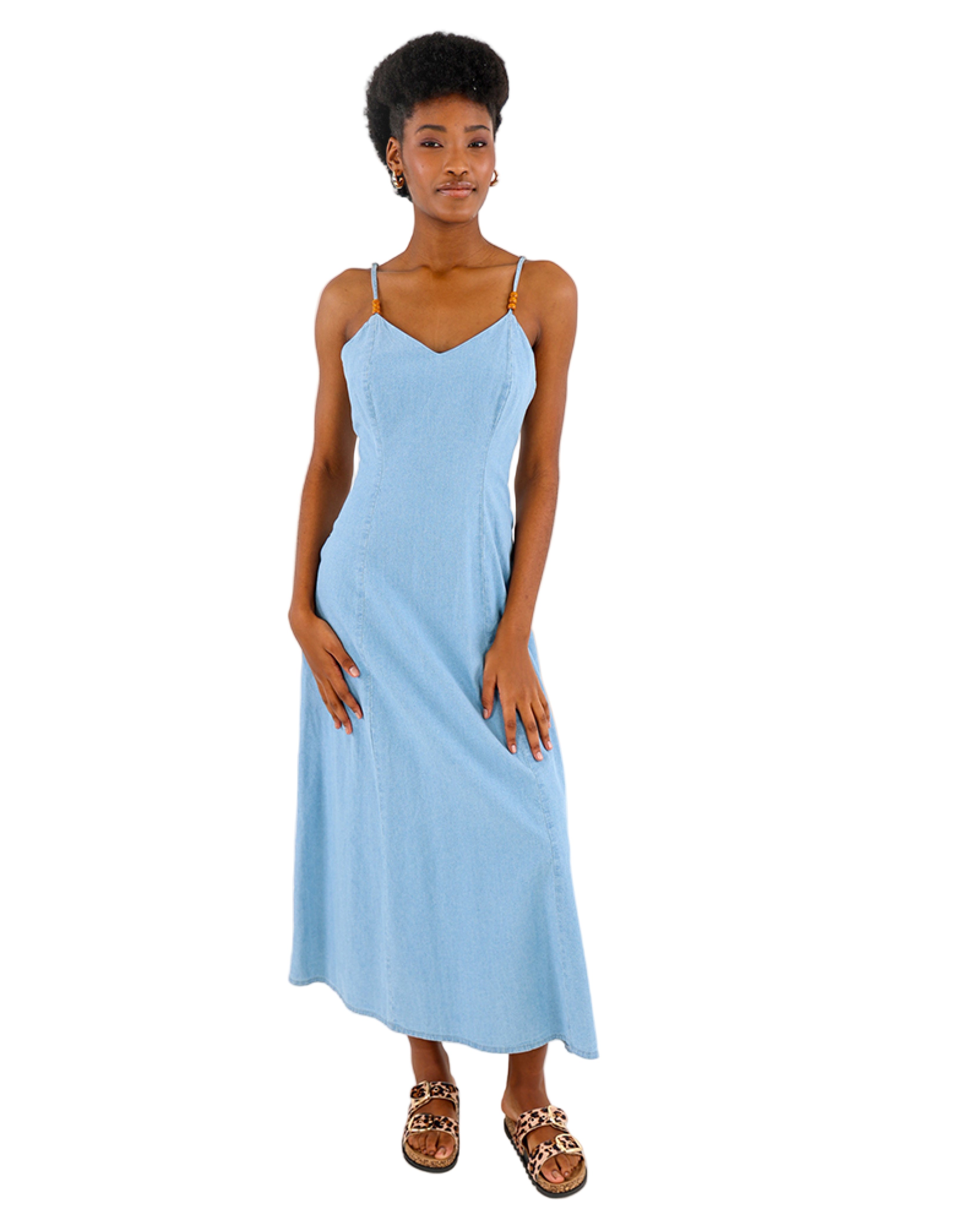 Beaded Strappy Cotton Midi Dress