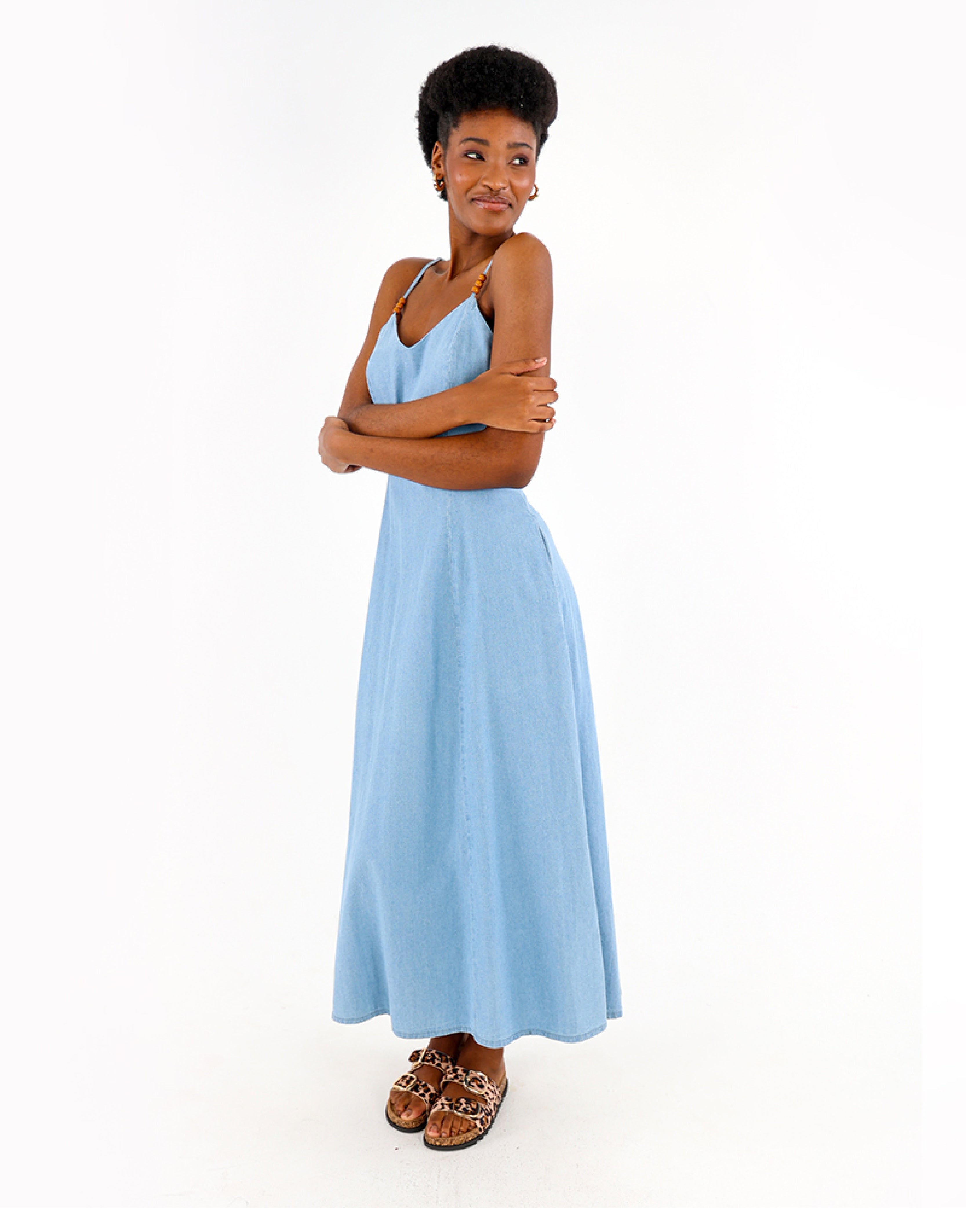 100% Cotton Beaded Strappy Midi Dress