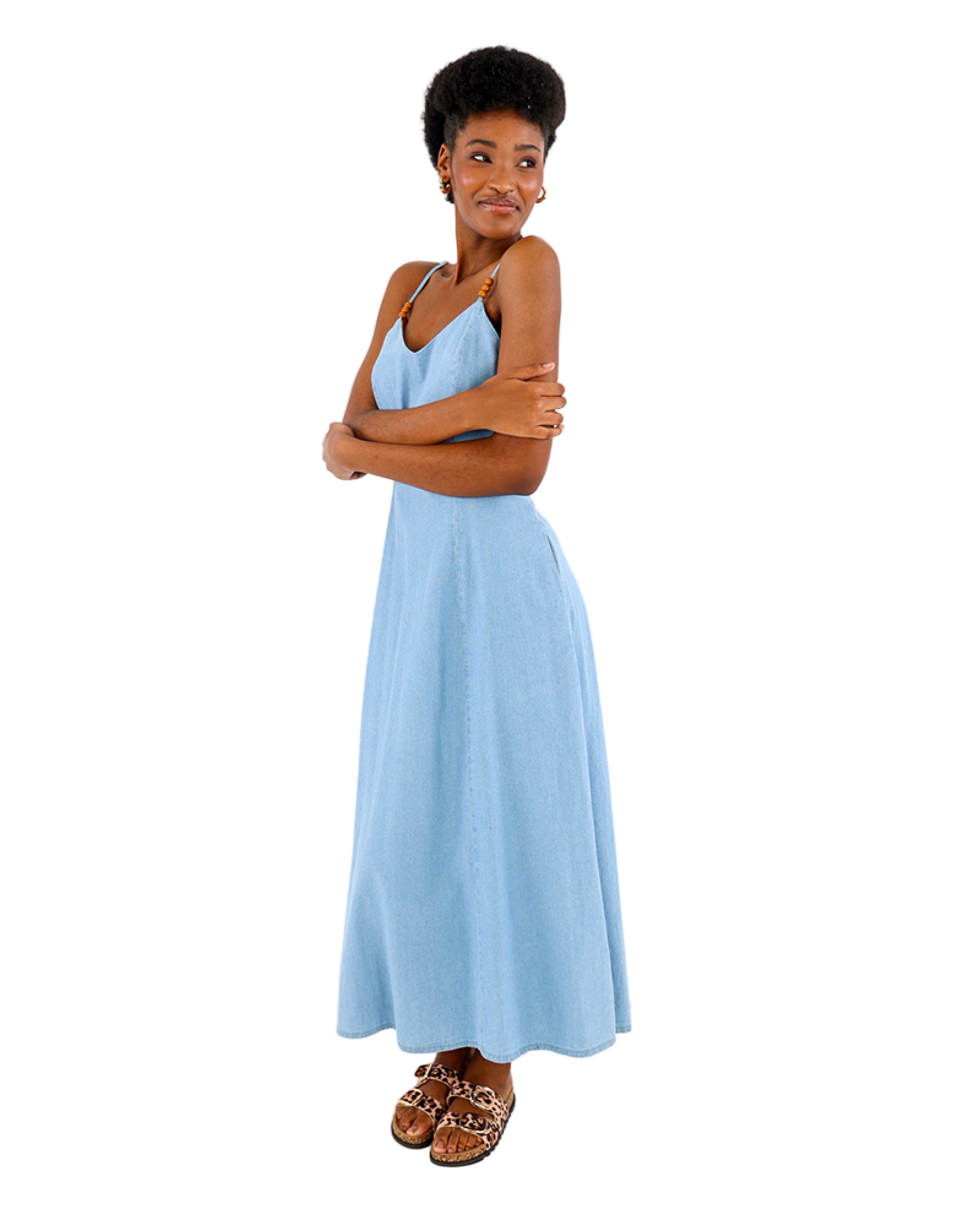 Beaded Strappy Cotton Midi Dress