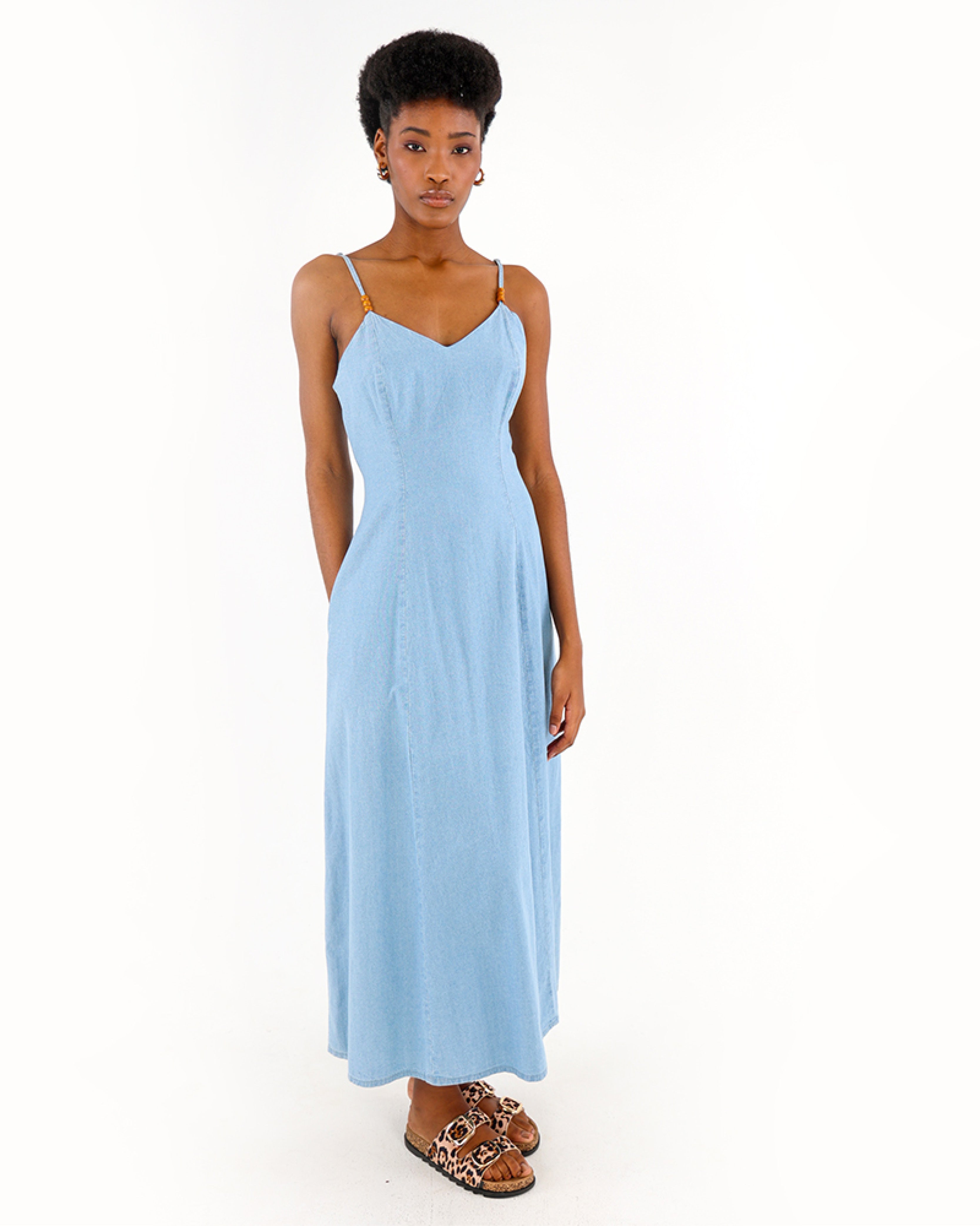 100% Cotton Beaded Strappy Midi Dress