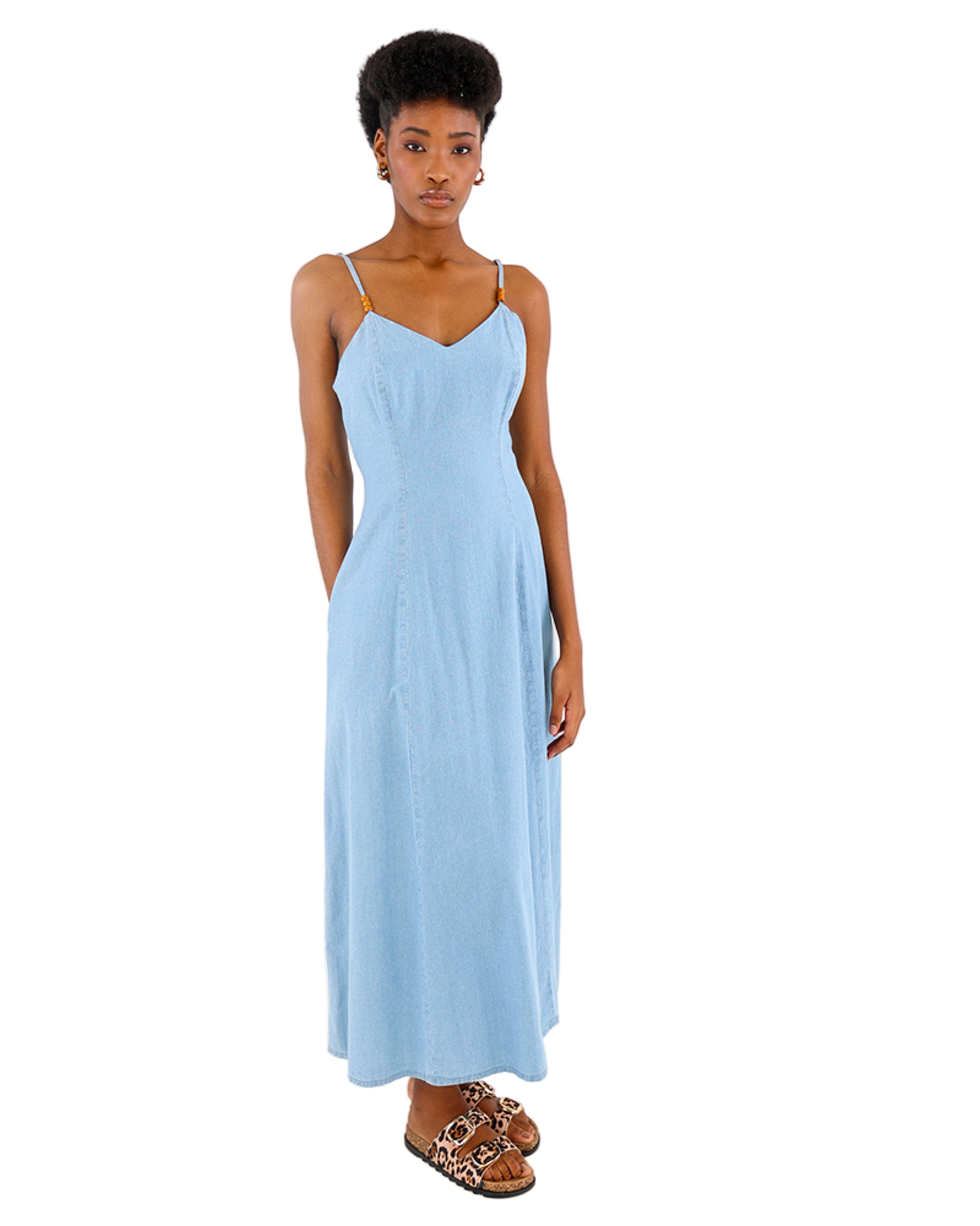 Beaded Strappy Cotton Midi Dress