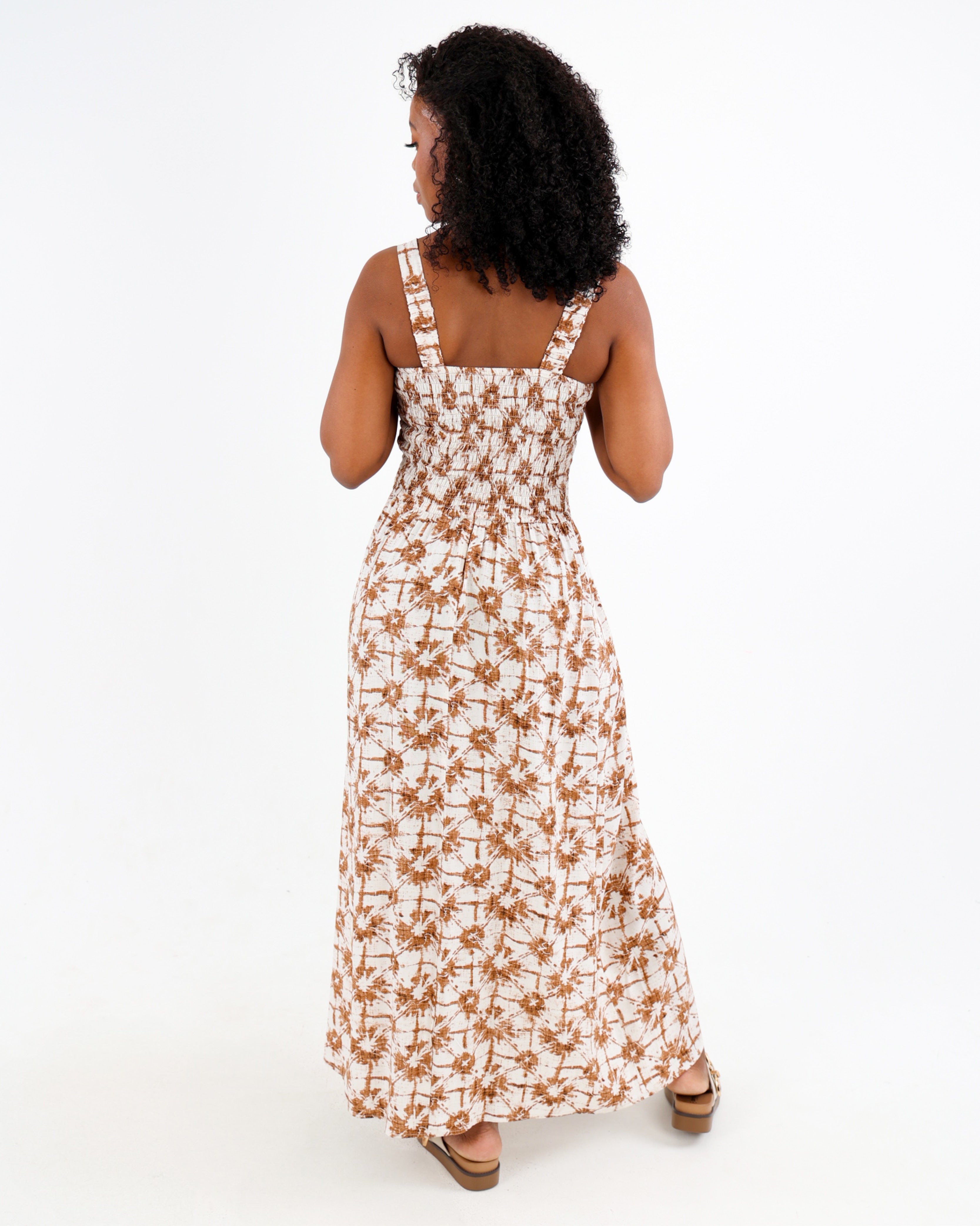 Strappy Smocked Printed Maxi Dress