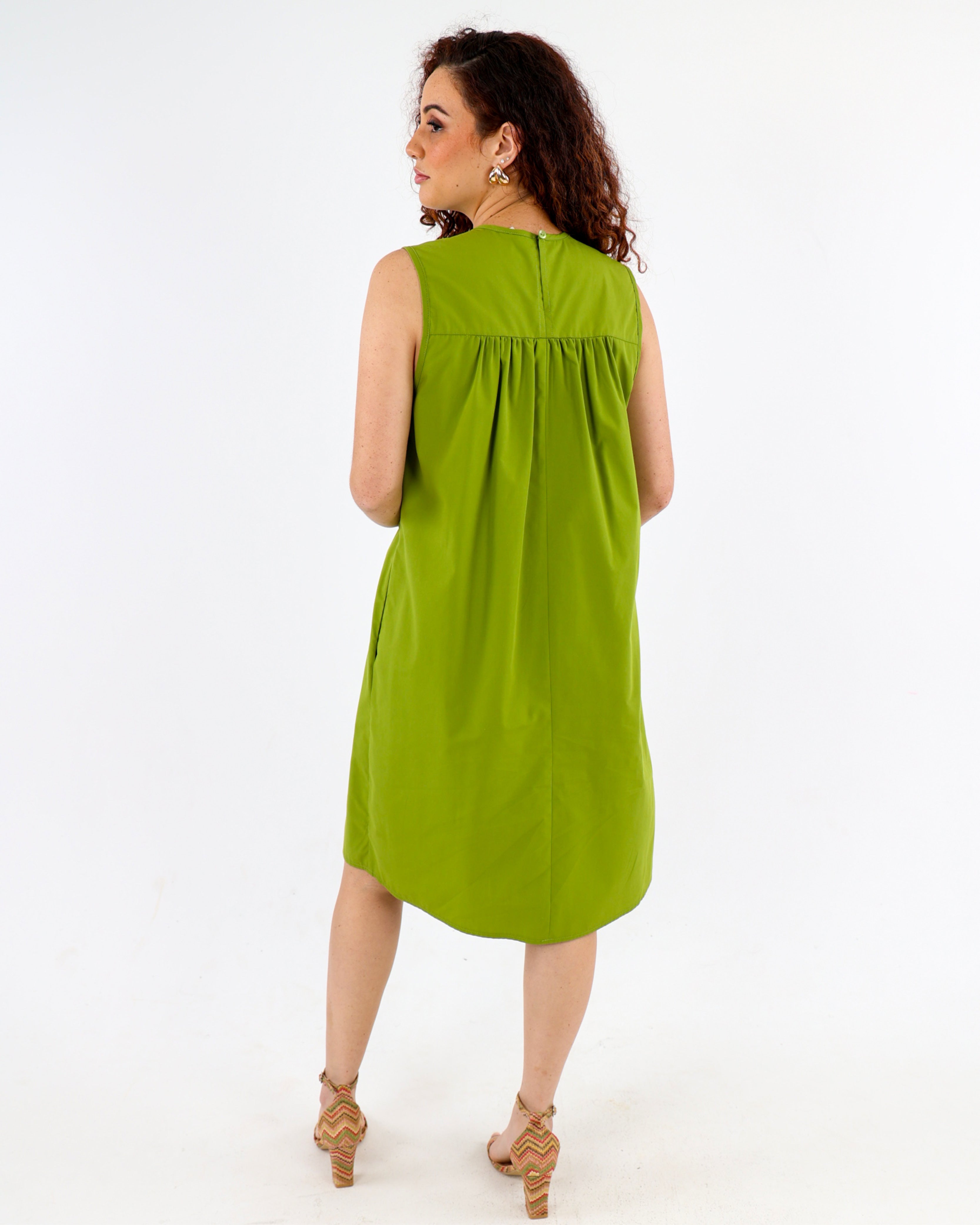 Green Sleeveless V-Shaped Yoke Panel Flair Dress