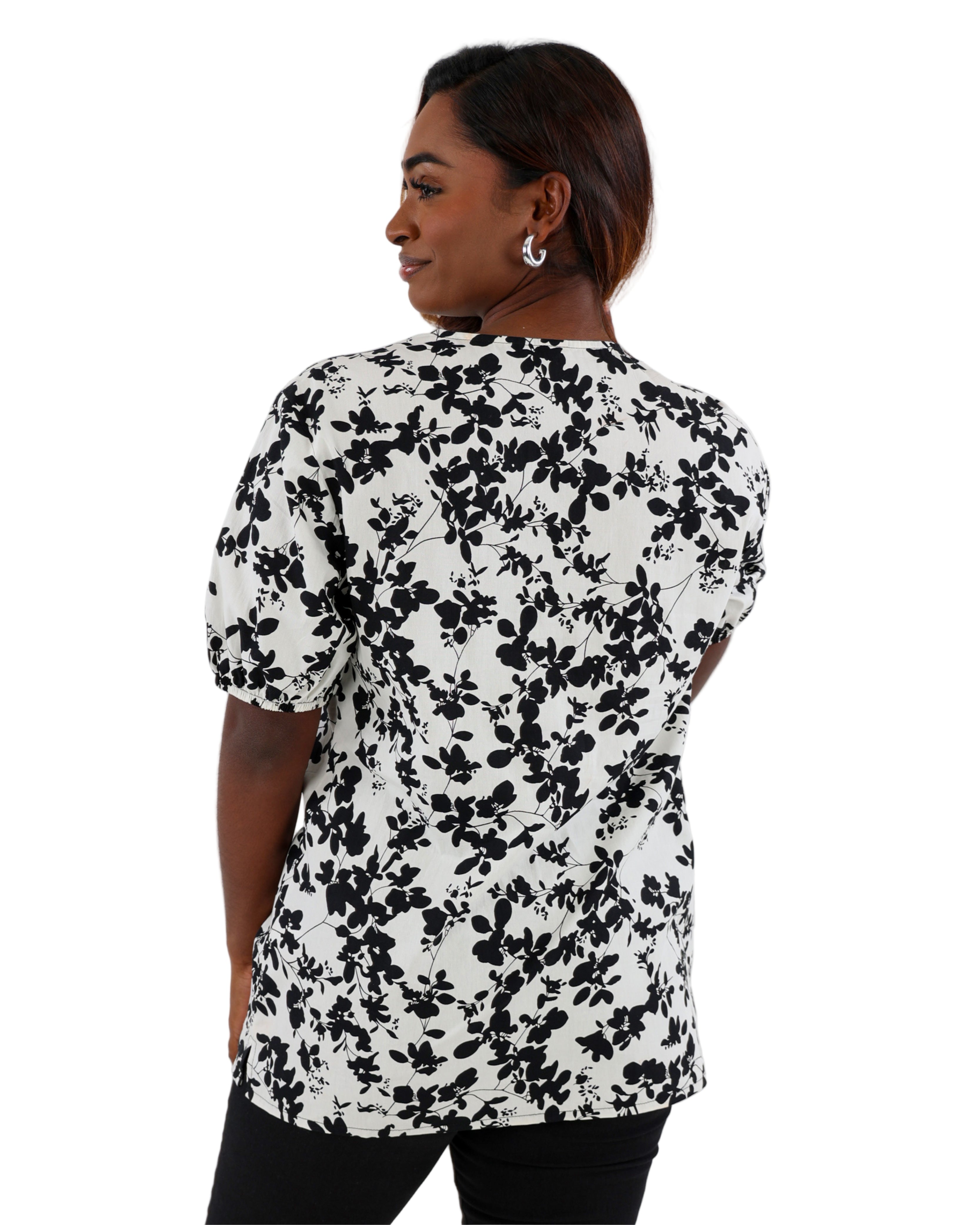 Black Short Puff Sleeve Floral Printed Cotton Blouse