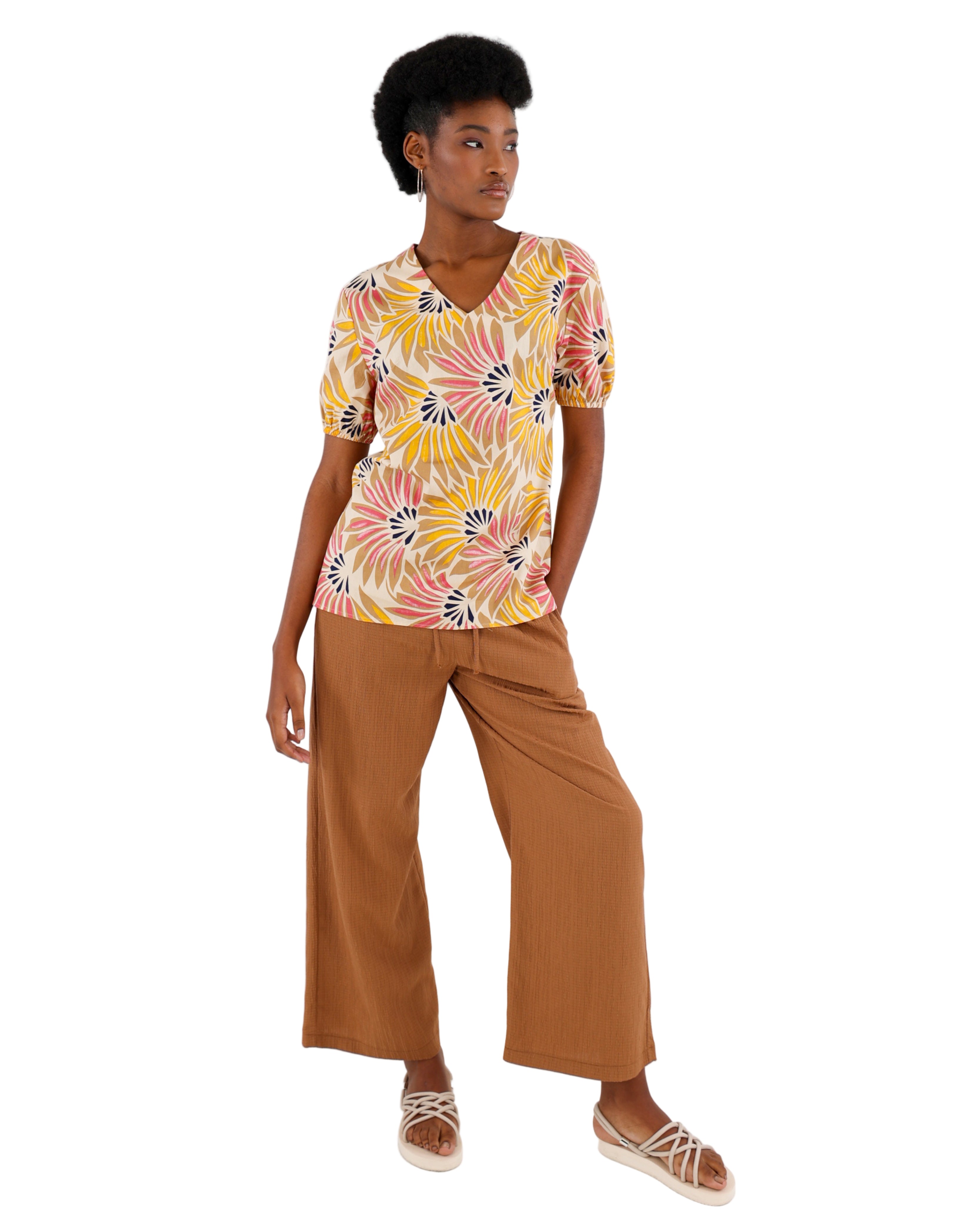 Yellow Short Puff Sleeve Fan Printed Cotton Blouse