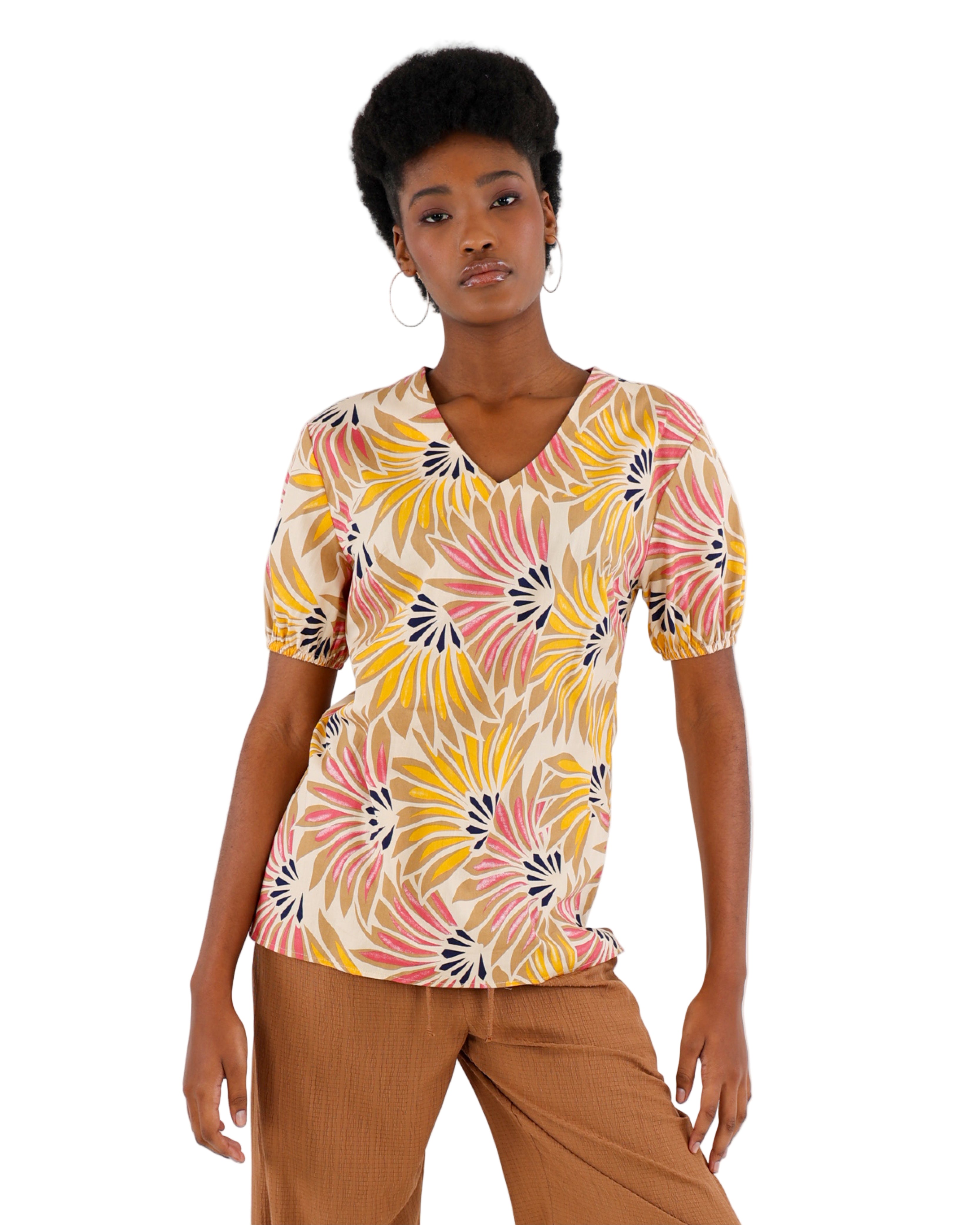 Yellow Short Puff Sleeve Fan Printed Cotton Blouse