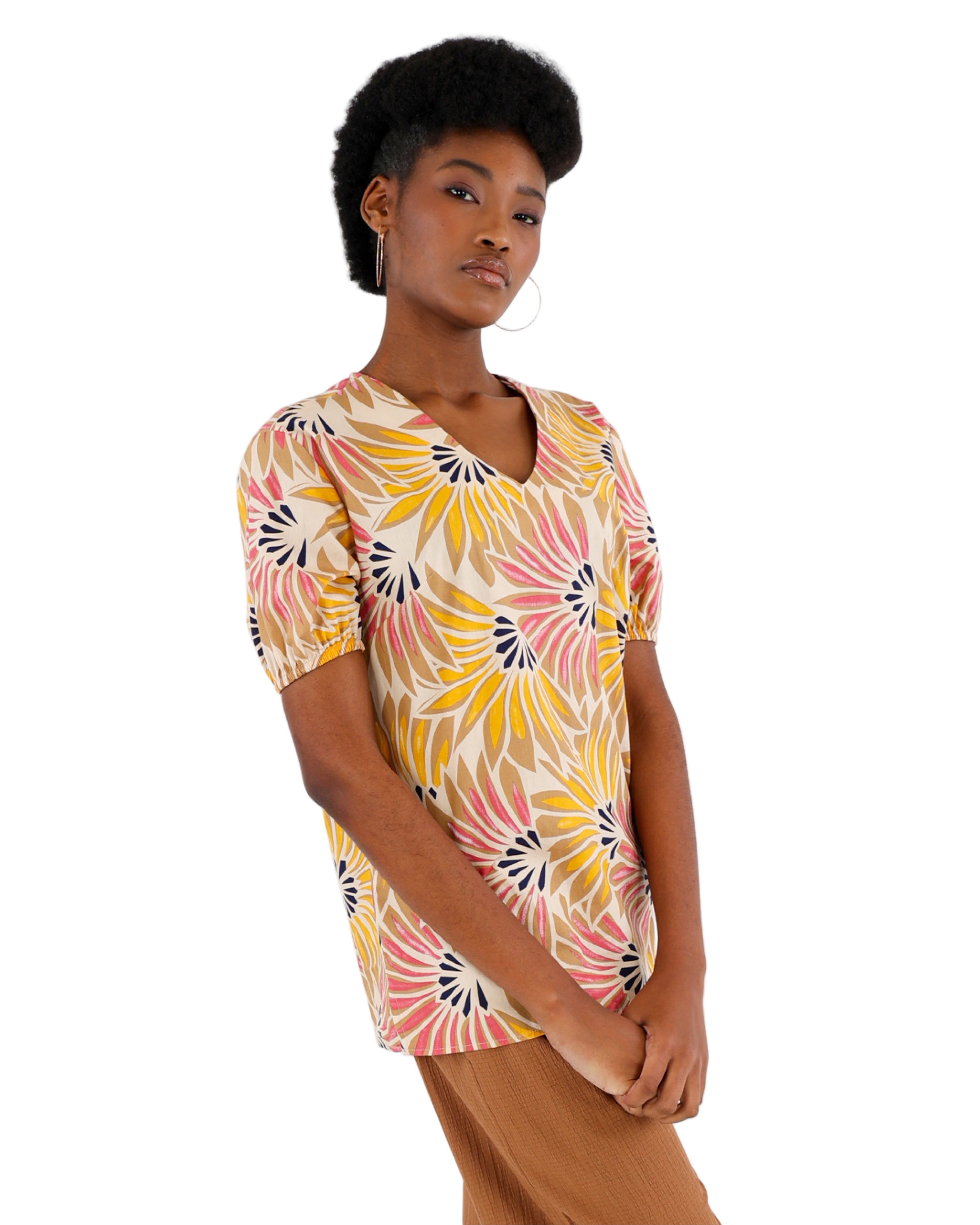 Yellow Short Puff Sleeve Fan Printed Cotton Blouse