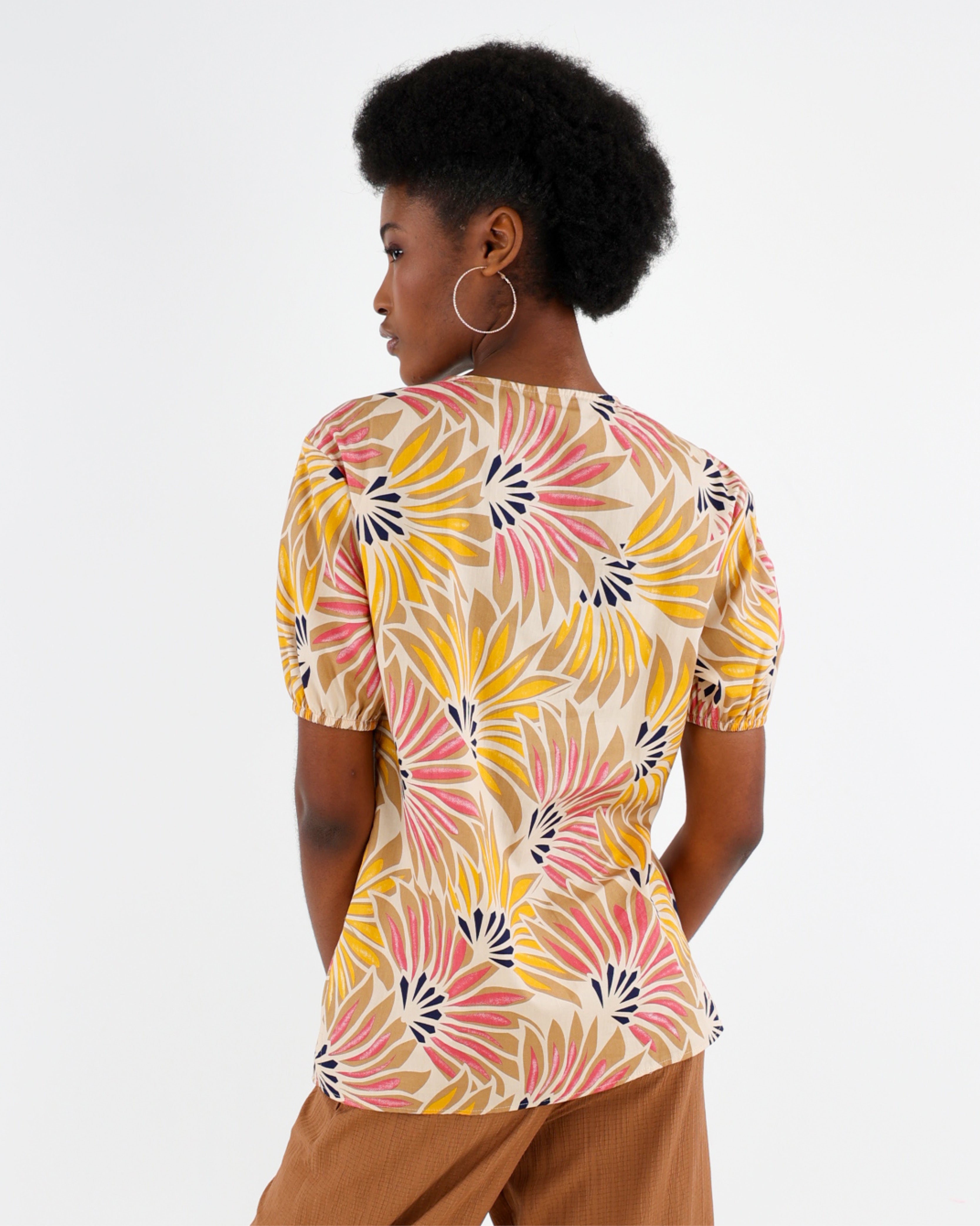 Yellow Short Puff Sleeve Fan Printed Cotton Blouse